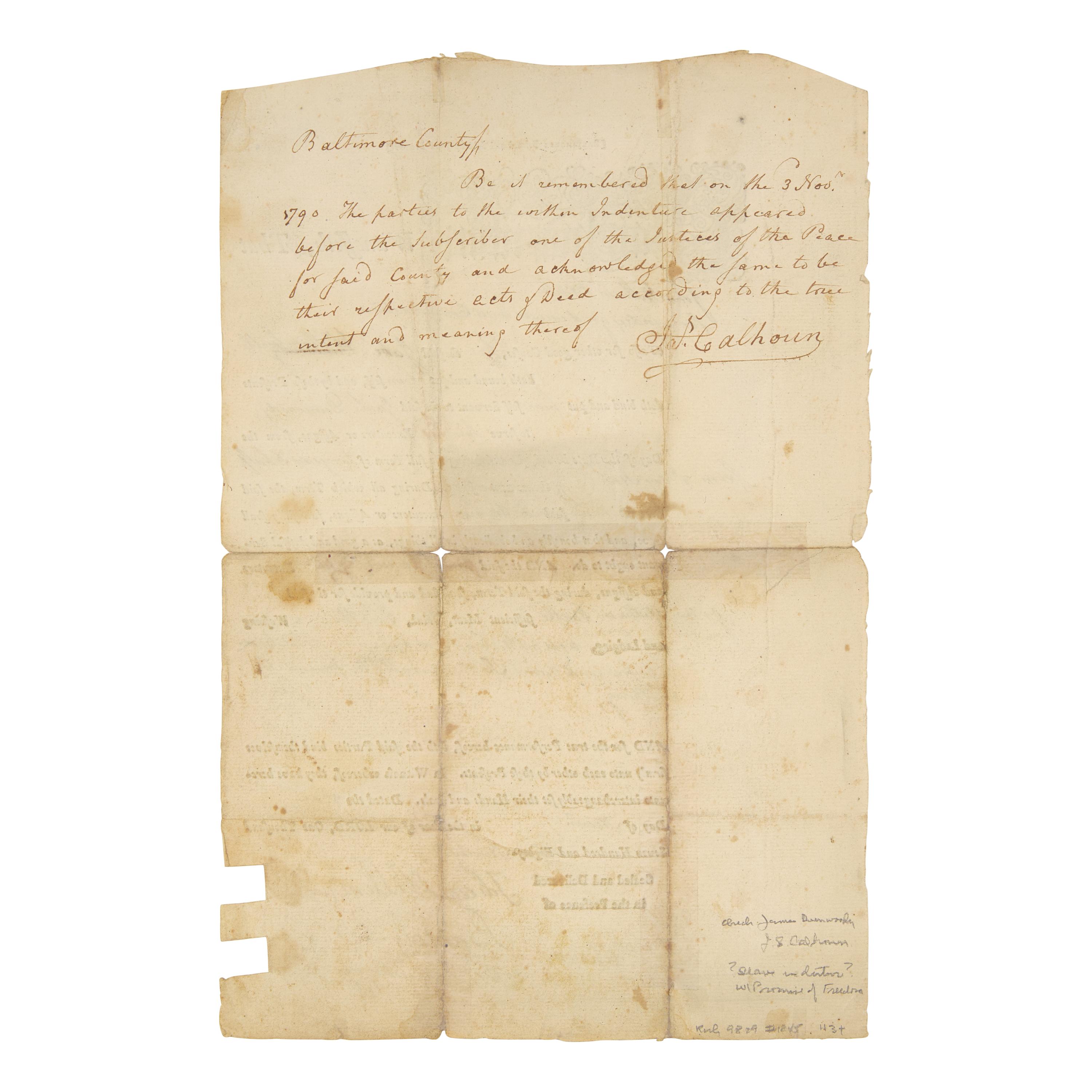 [Labor] Partially-Printed Indentured Servitude Agreement, Baltimore, 1790