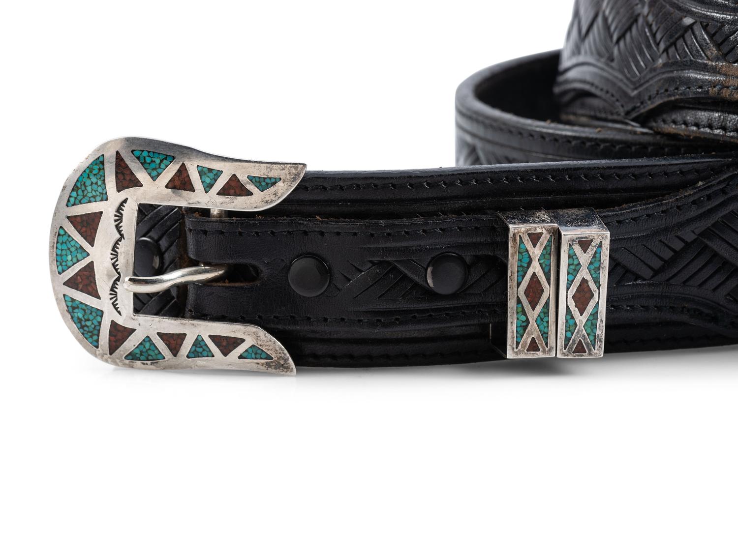 Navajo Silver Ranger Set, with Turquoise and Coral Chip Inlay