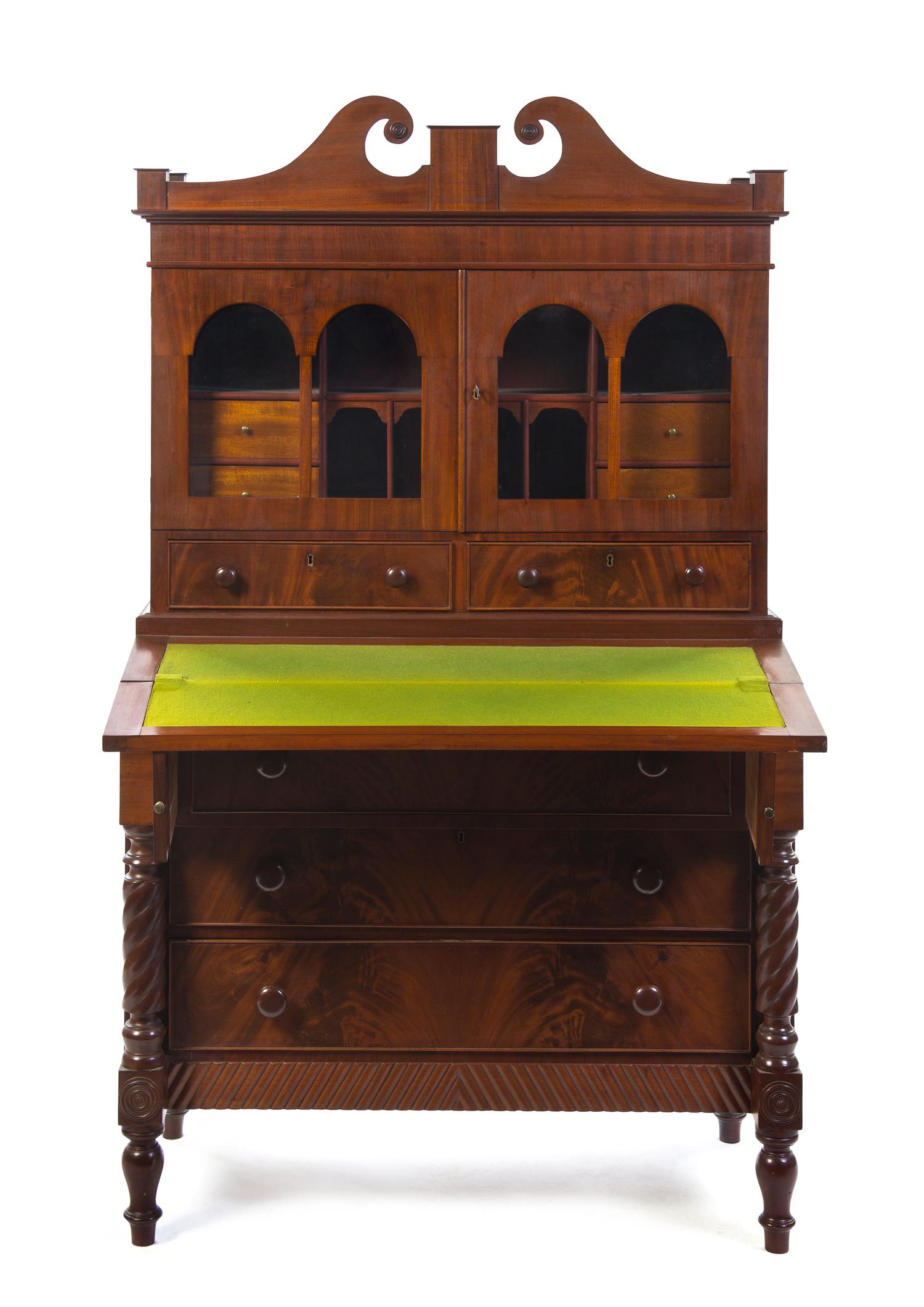 An American Mahogany Secretary Bureau, Height 65 1/2 x width 38 1/4 x depth 18 1/2 inches.