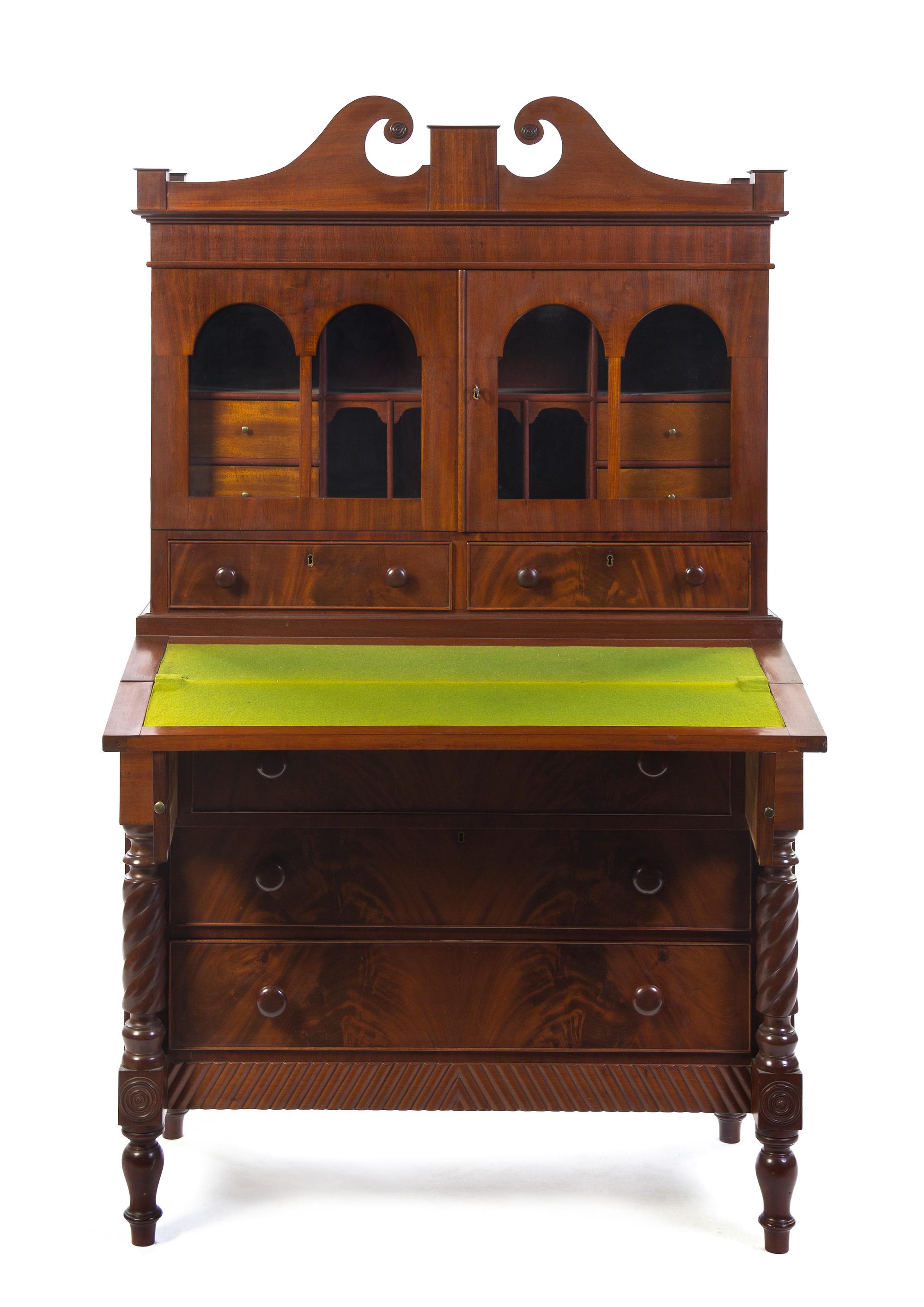 An American Mahogany Secretary Bureau, Height 65 1/2 x width 38 1/4 x depth 18 1/2 inches.