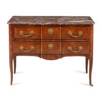 A Régence Style Gilt Bronze Mounted Tulipwood Parquetry Marble-Top Commode