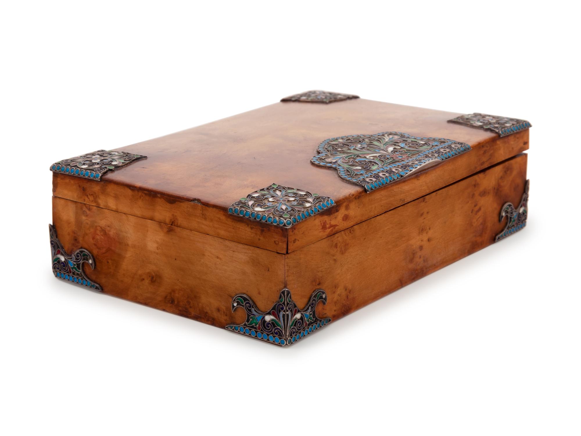 A Russian Silver and Enamel Mounted Birchwood Table-Top Cigar Box