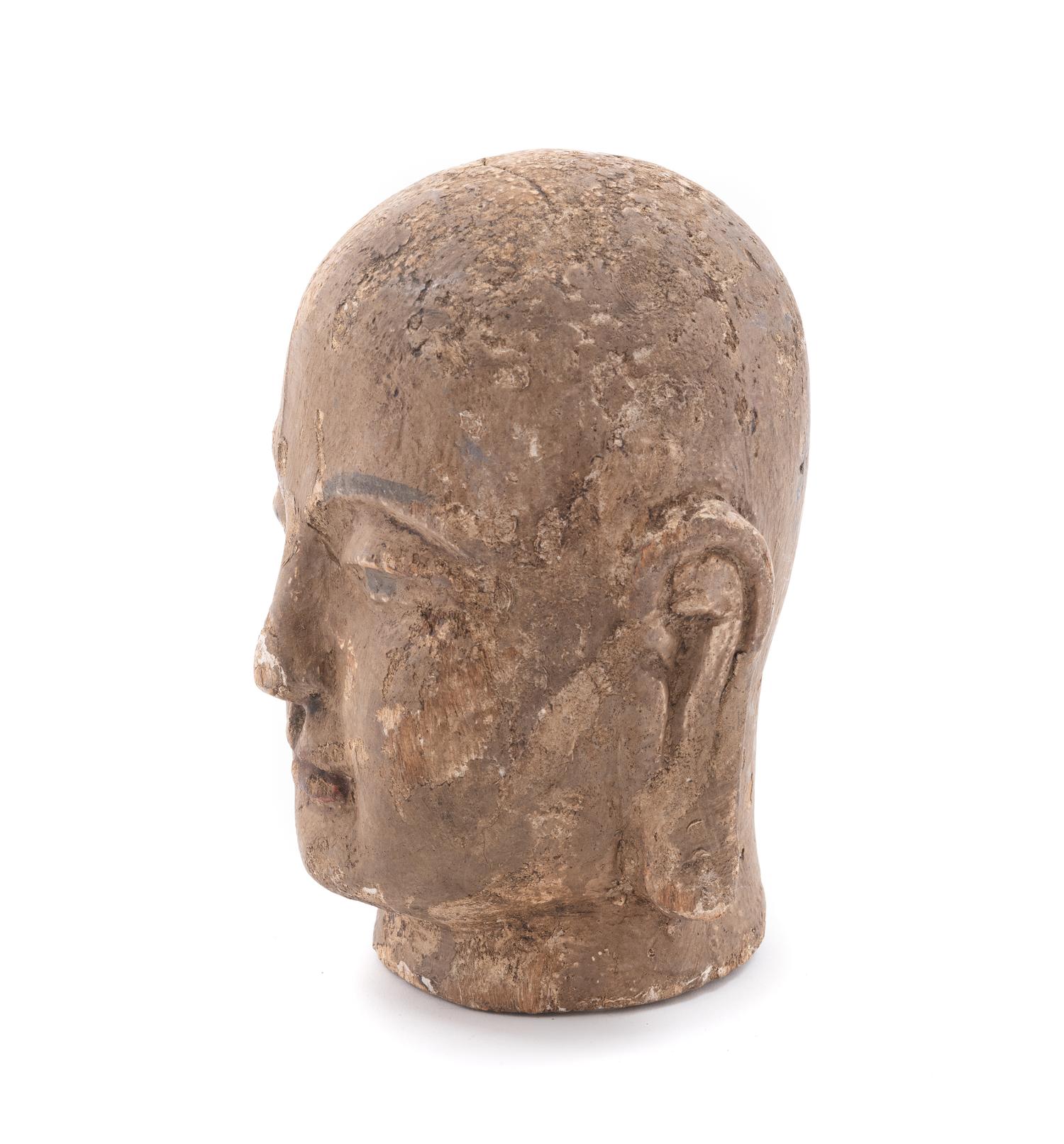 A Chinese Carved Wood Head of Luohan