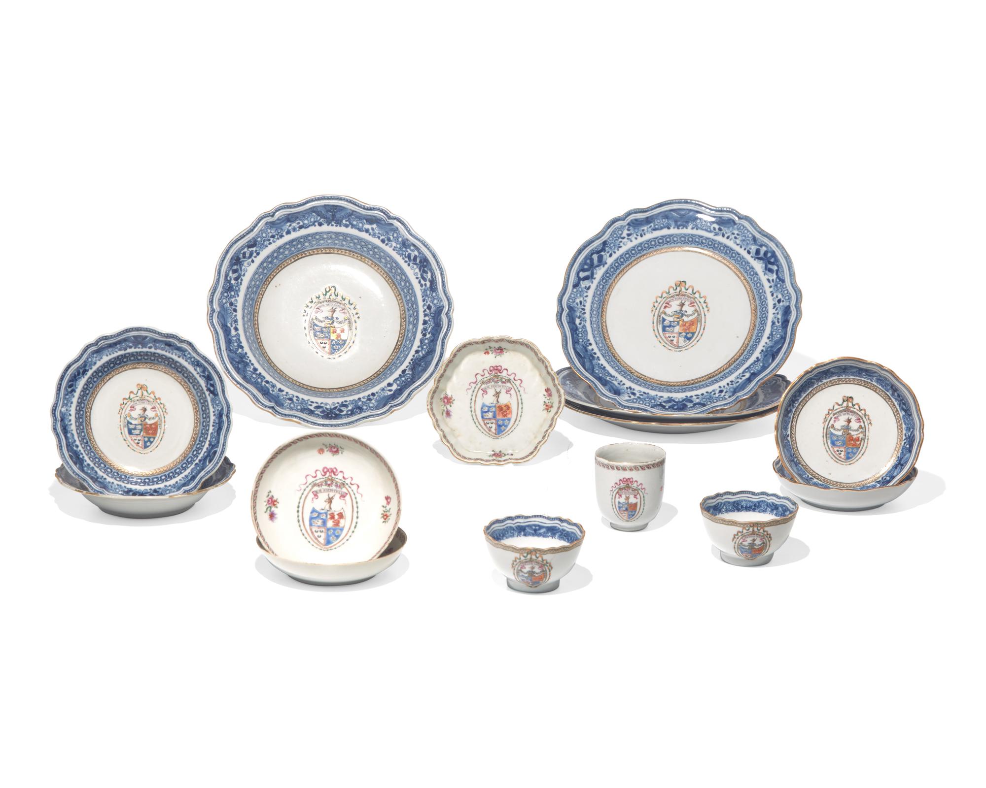 A group of fourteen Chinese Export porcelain tablewares from the "Gordon Dinner Service" and "Gordon Tea Service," late 18th century
