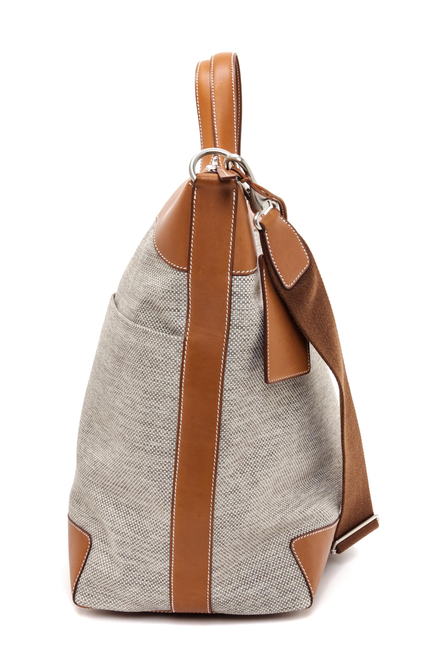 An Hermes Ecru Canvas and Fawn Barenia Calfskin Caleche-Express Medium Tote, 15.3" 14.1" 7.8".