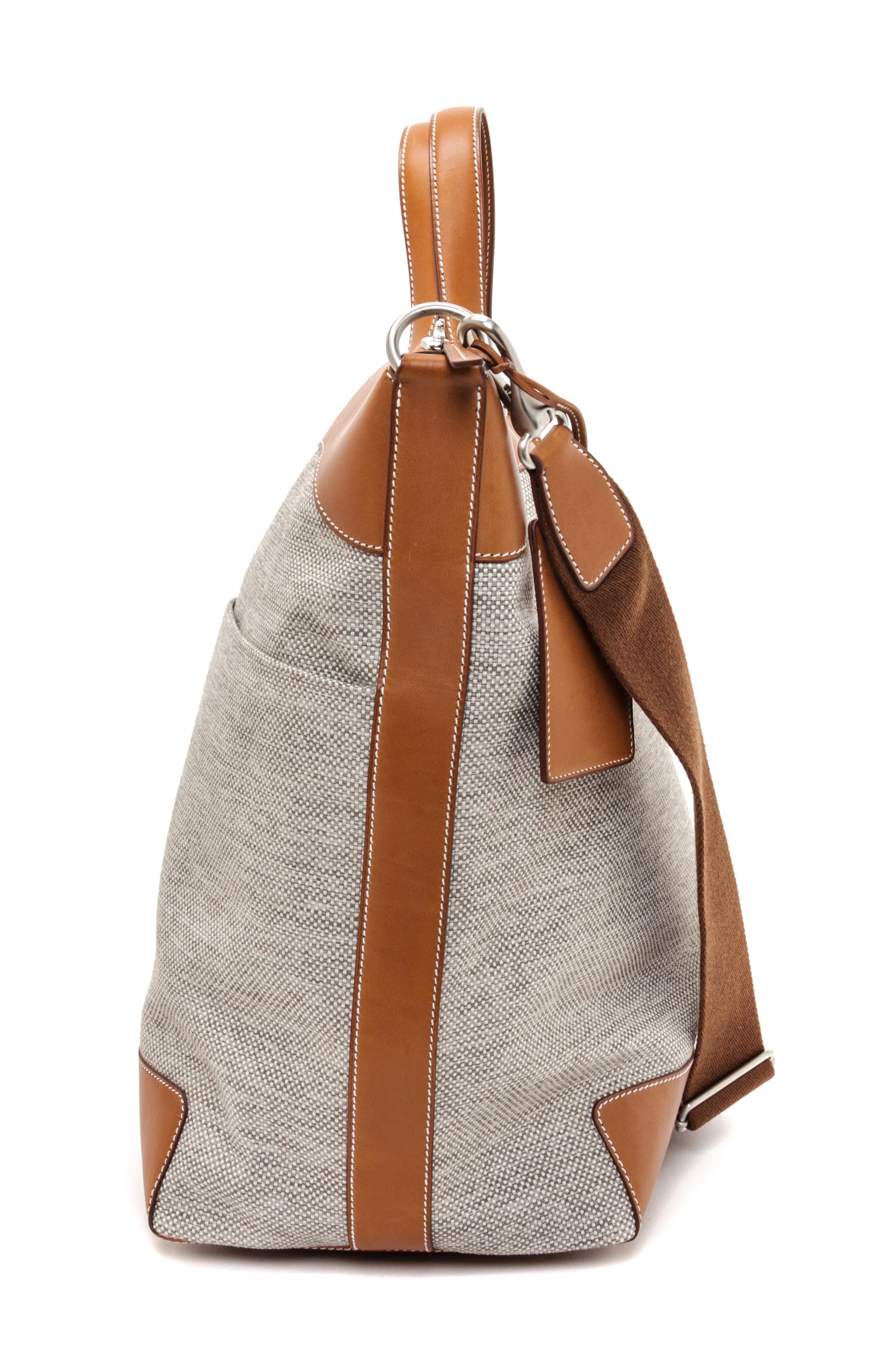 An Hermes Ecru Canvas and Fawn Barenia Calfskin Caleche-Express Medium Tote, 15.3" 14.1" 7.8".