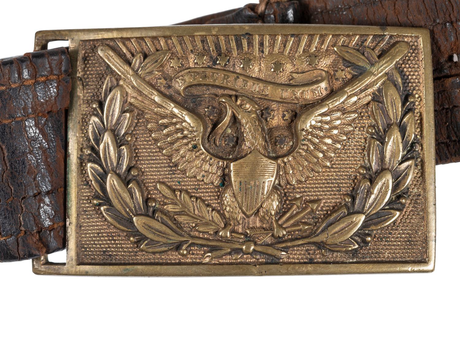 Civil War officer's belt rig with Model 1851 buckle and pistol holster.