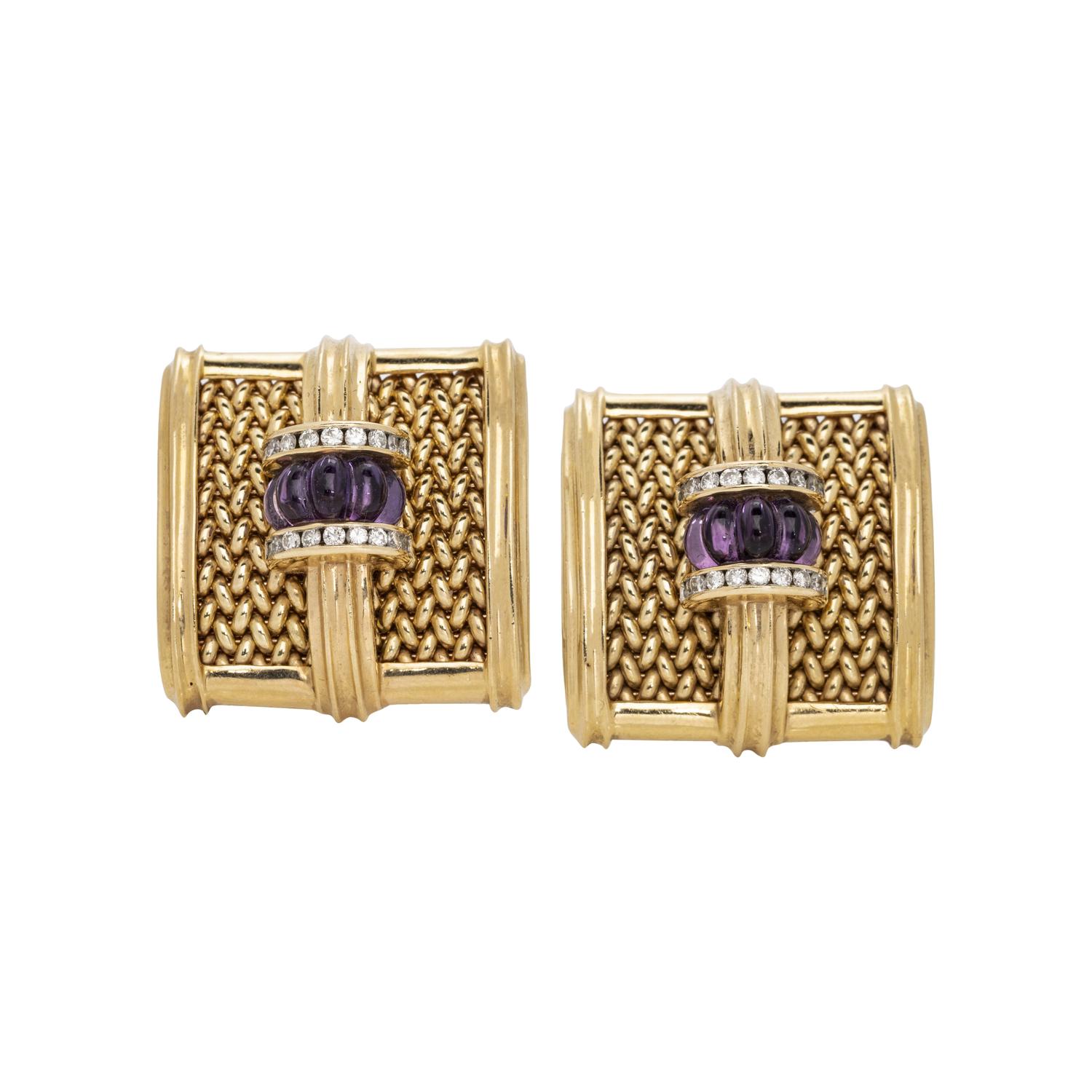 YELLOW GOLD, AMETHYST AND DIAMOND EARRINGS