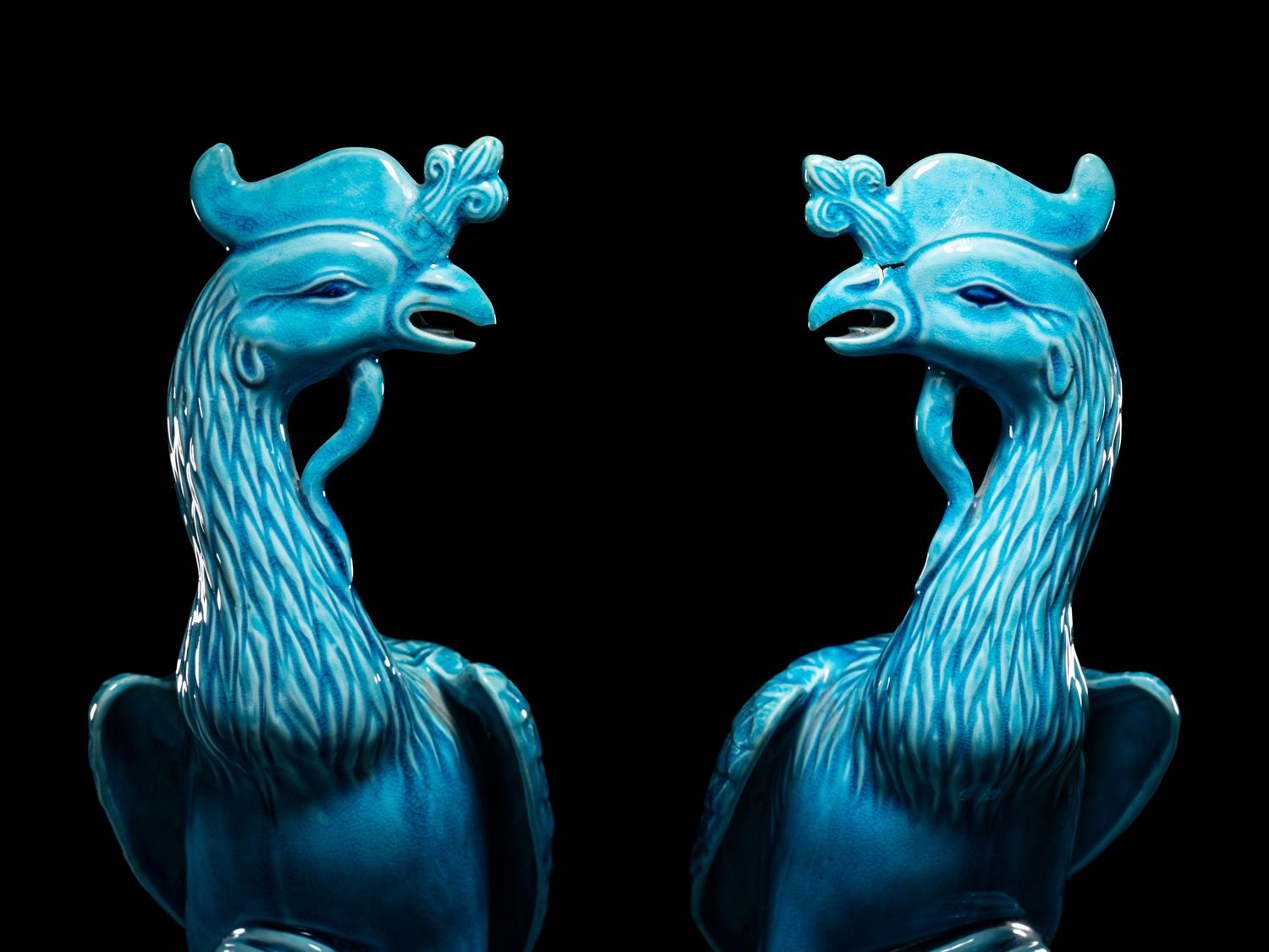 A Pair of Chinese Export Turquoise Glazed Porcelain Figures of Phoenix