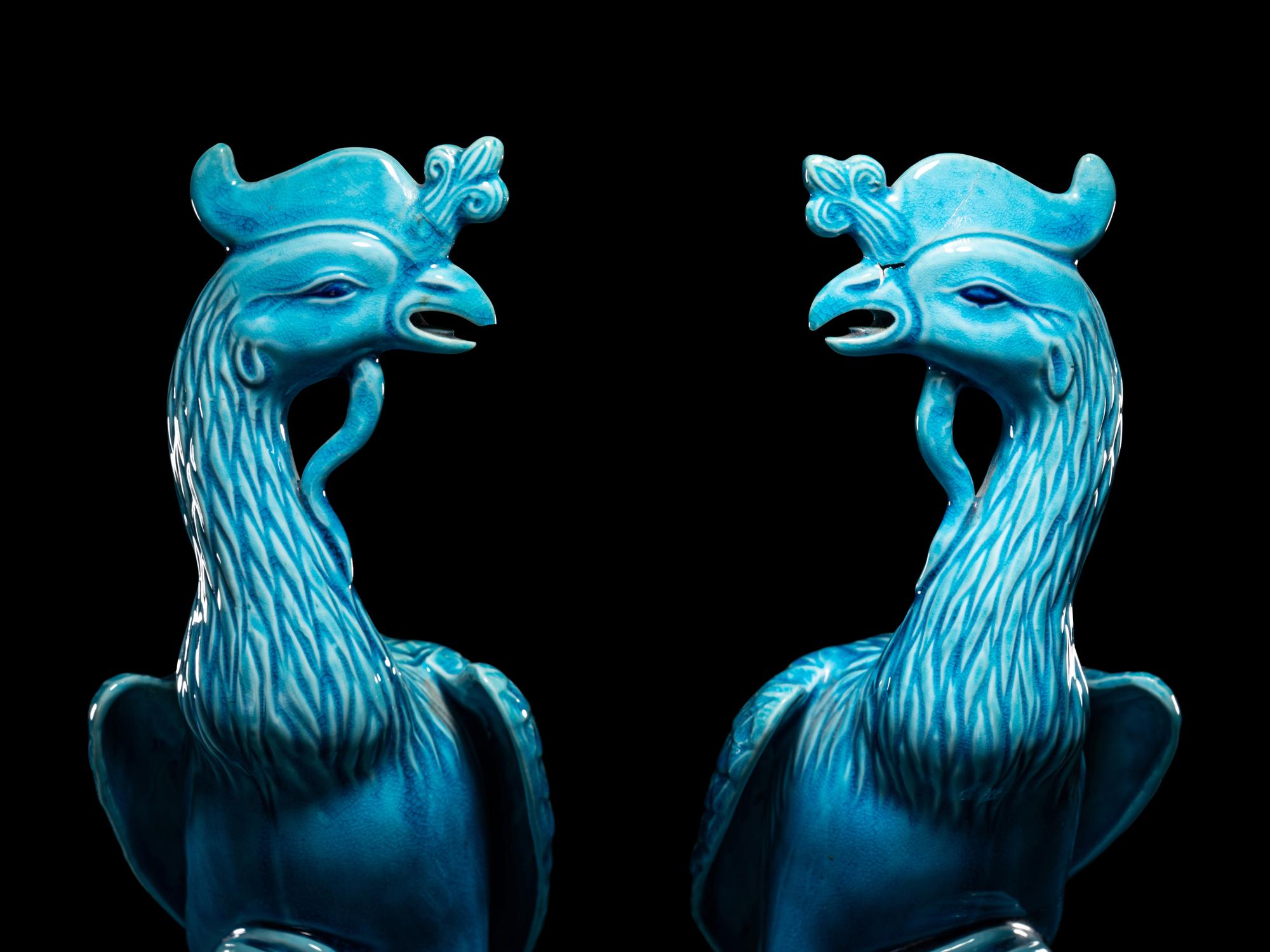 A Pair of Chinese Export Turquoise Glazed Porcelain Figures of Phoenix
