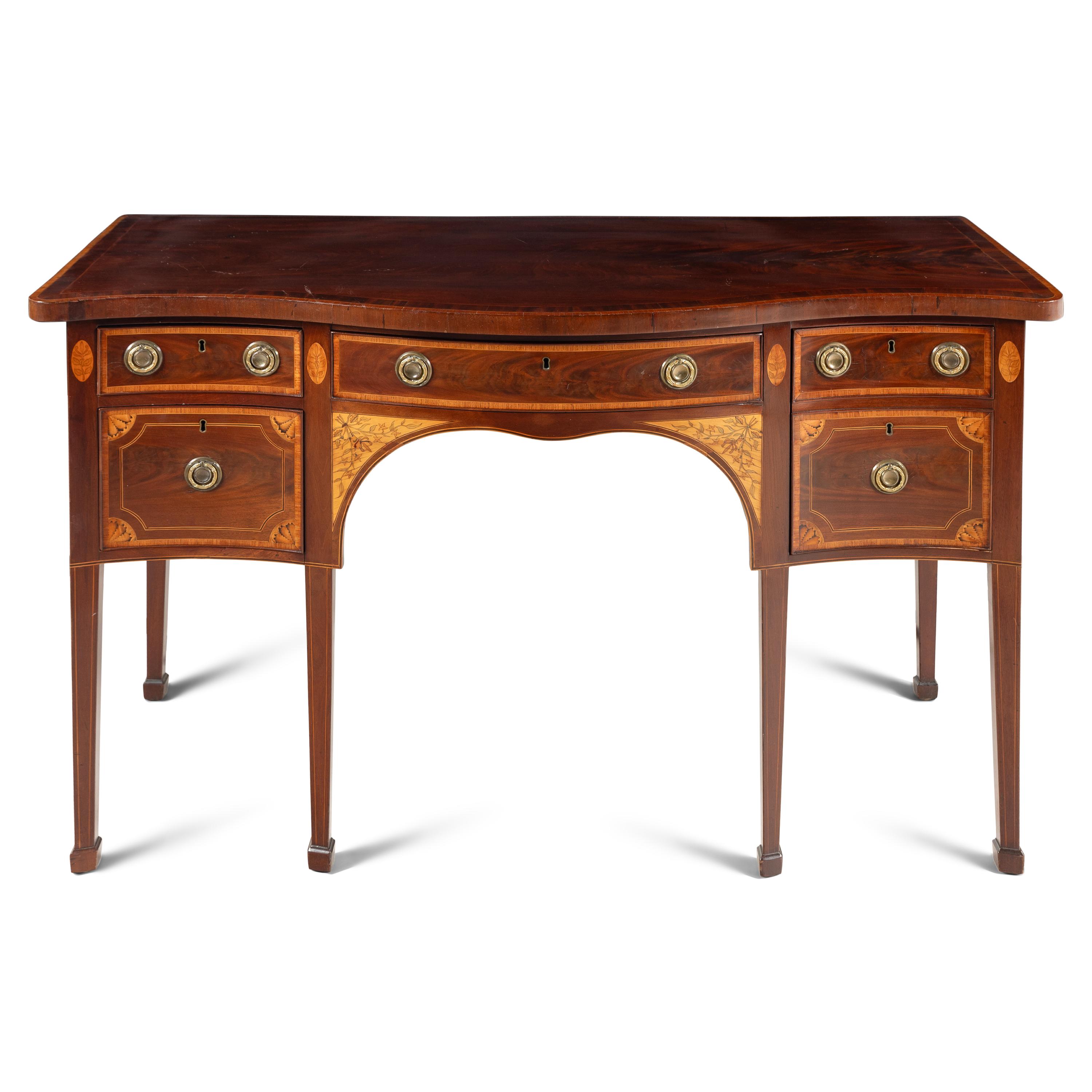 A Late George III Mahogany, Satinwood and Marquetry Serpentine Sideboard