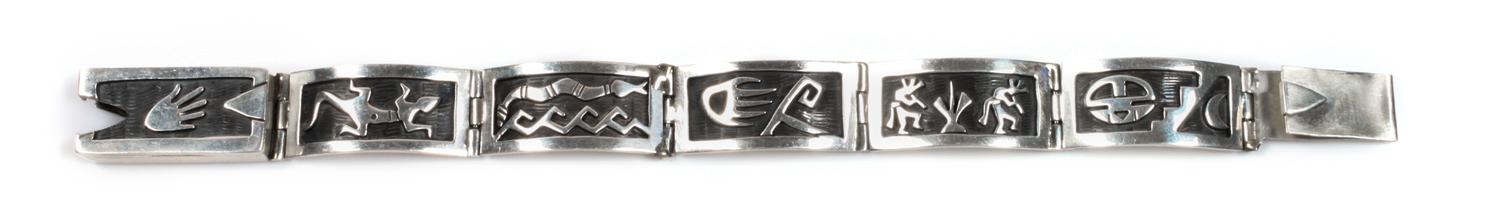 Gene Pooyouma (Hopi, 20th Century) Silver Overlay Storyteller Link Bracelet Length 7 inches