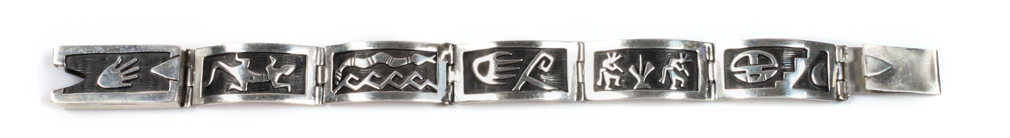 Gene Pooyouma (Hopi, 20th Century) Silver Overlay Storyteller Link Bracelet Length 7 inches