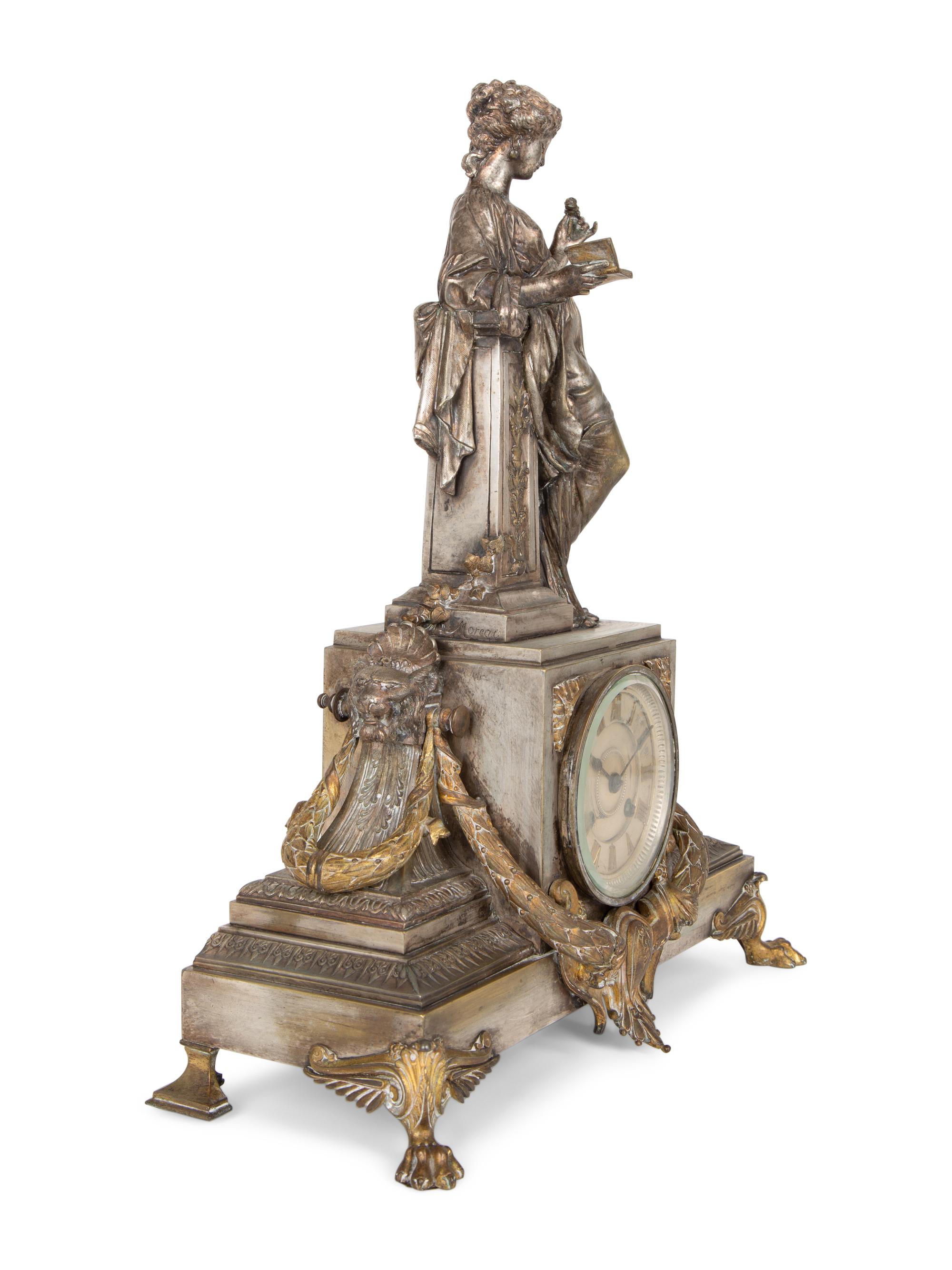A French Silvered Bronze Figural Clock