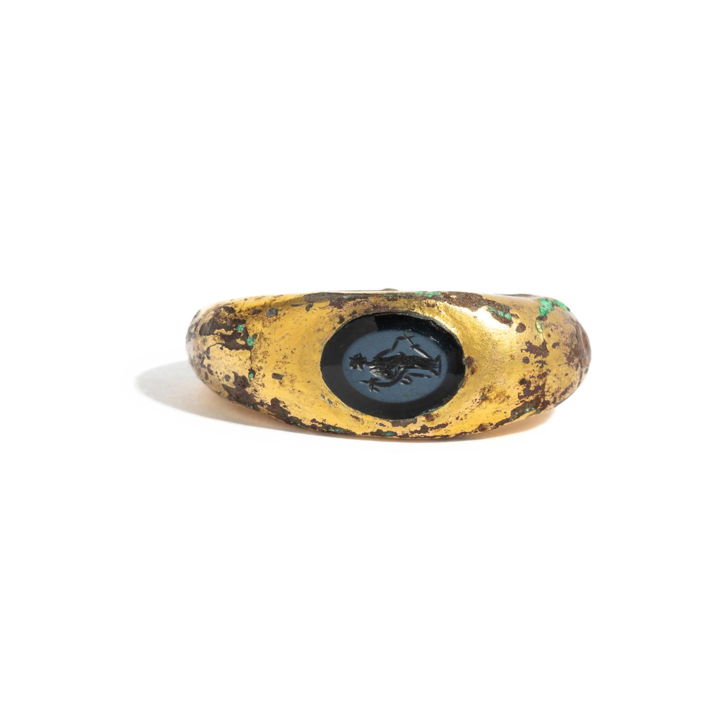 A Roman Gilt-Bronze and Nicolo Finger Ring with the Goddess Fortuna