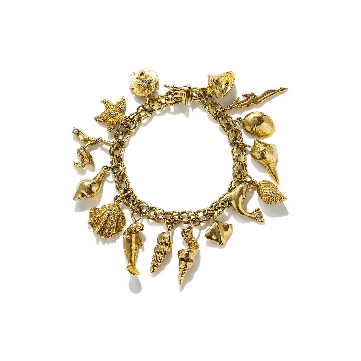 YELLOW GOLD AND DIAMOND AQUATIC CHARM BRACELET