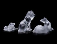 Three Lalique Lion Figurines
