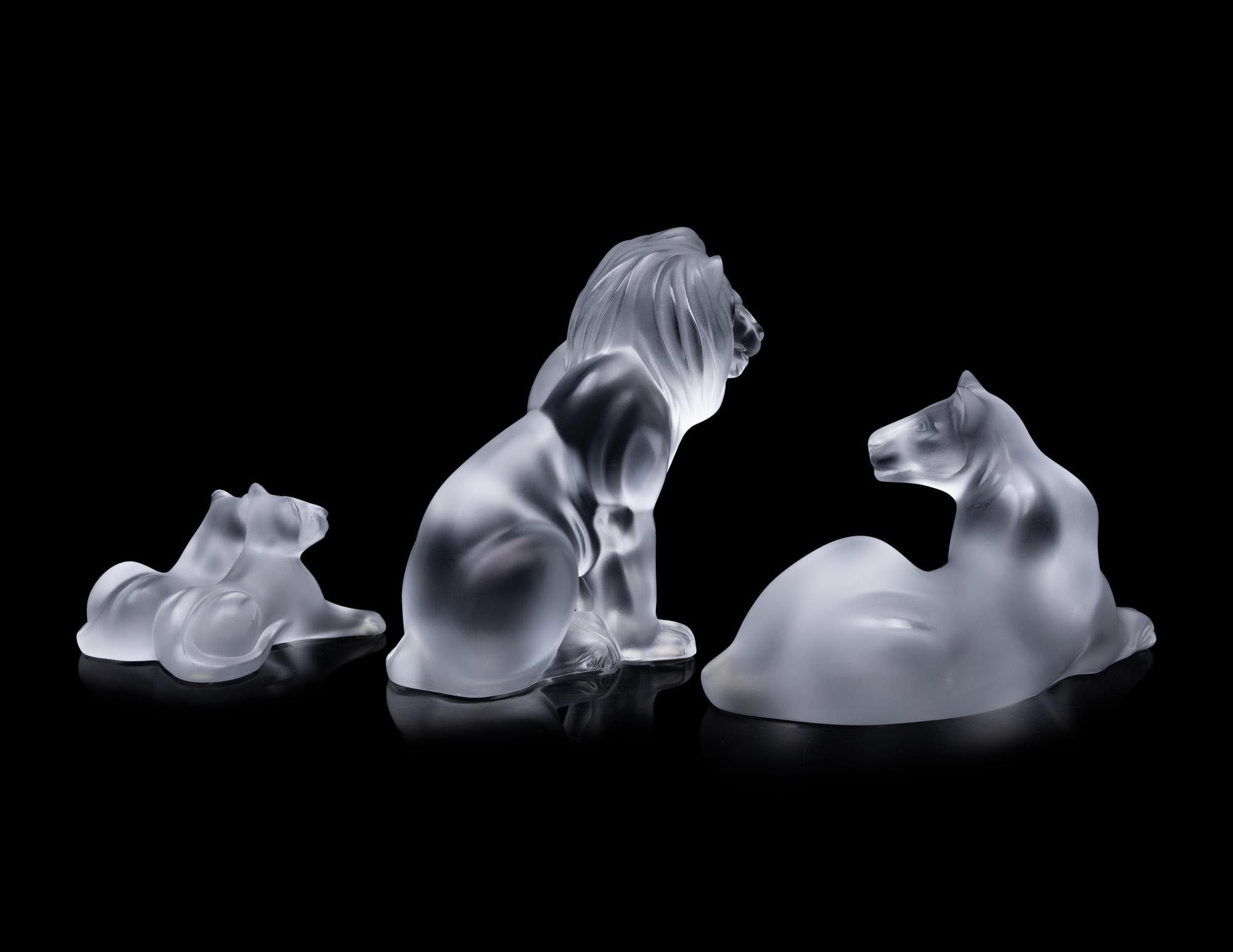 Three Lalique Lion Figurines