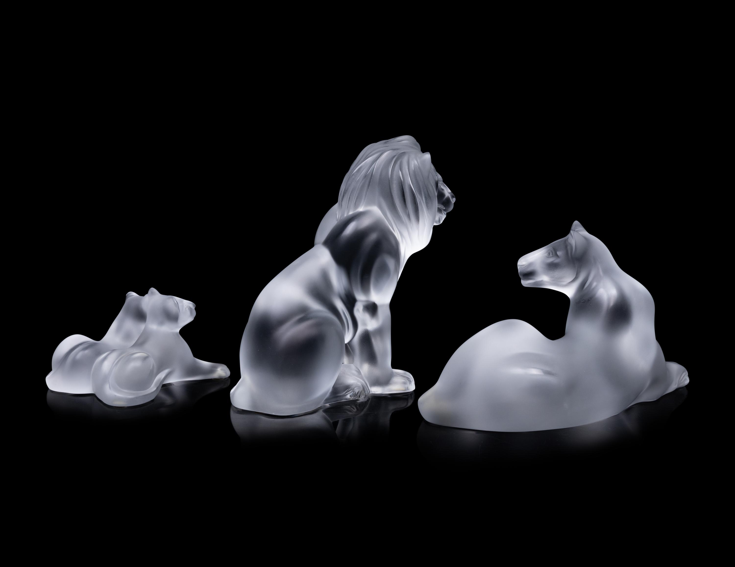 Three Lalique Lion Figurines