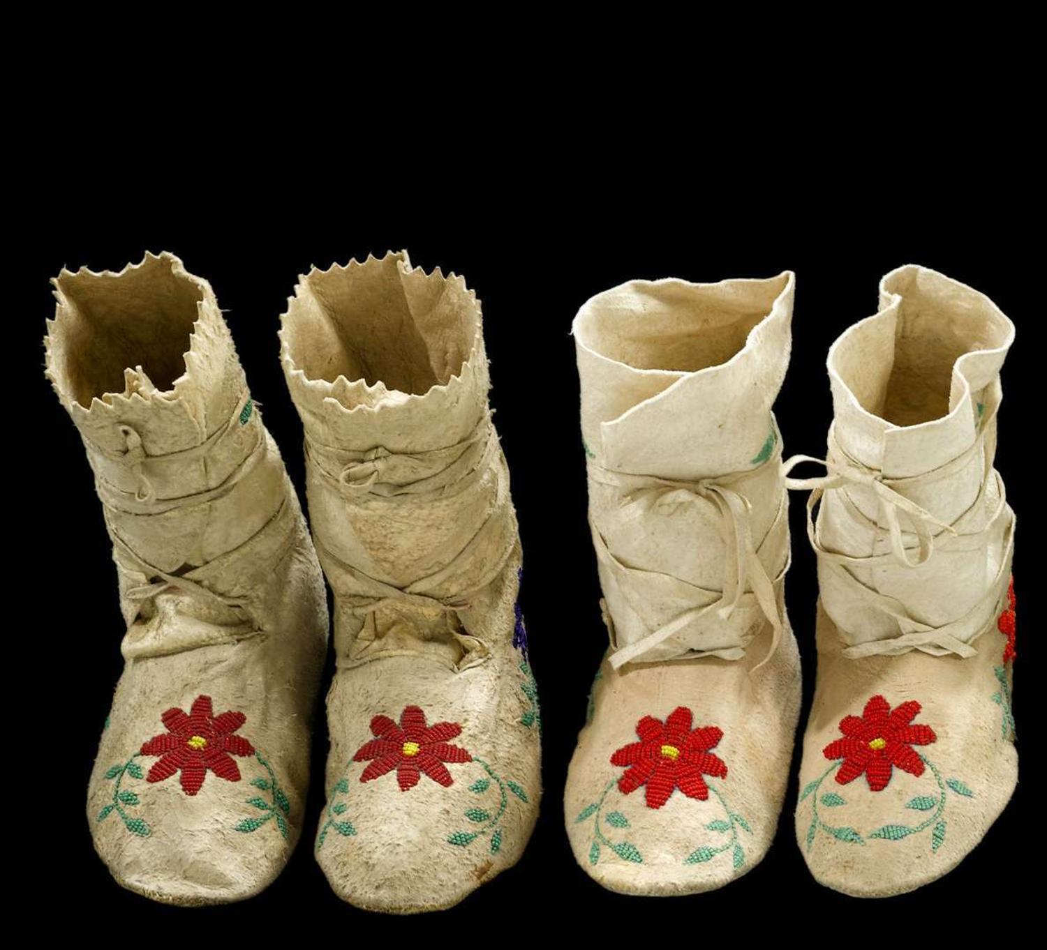 Four pairs of Plains beaded hide moccasins fort yates, north dakota, circa 1950