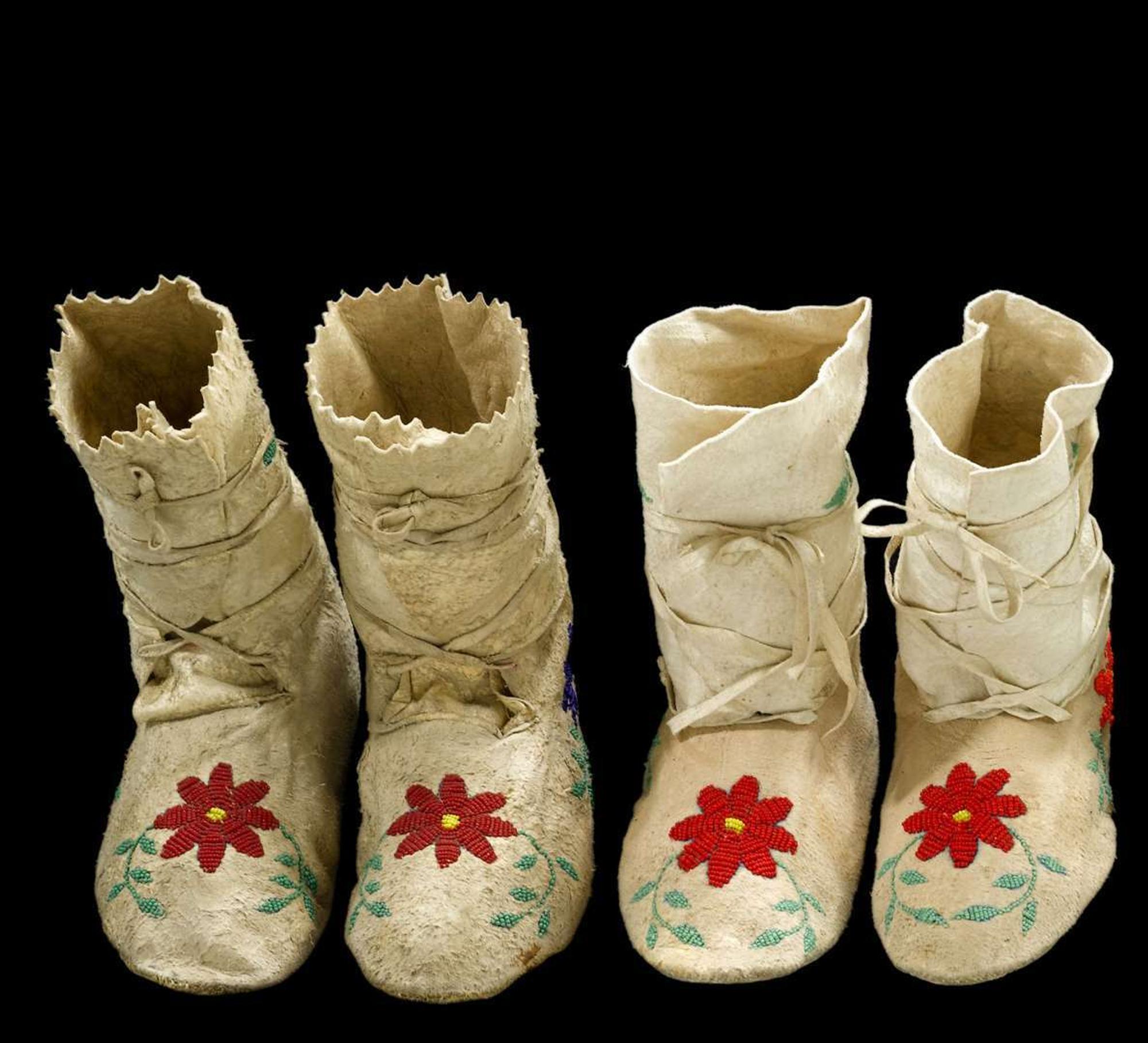 Four pairs of Plains beaded hide moccasins fort yates, north dakota, circa 1950