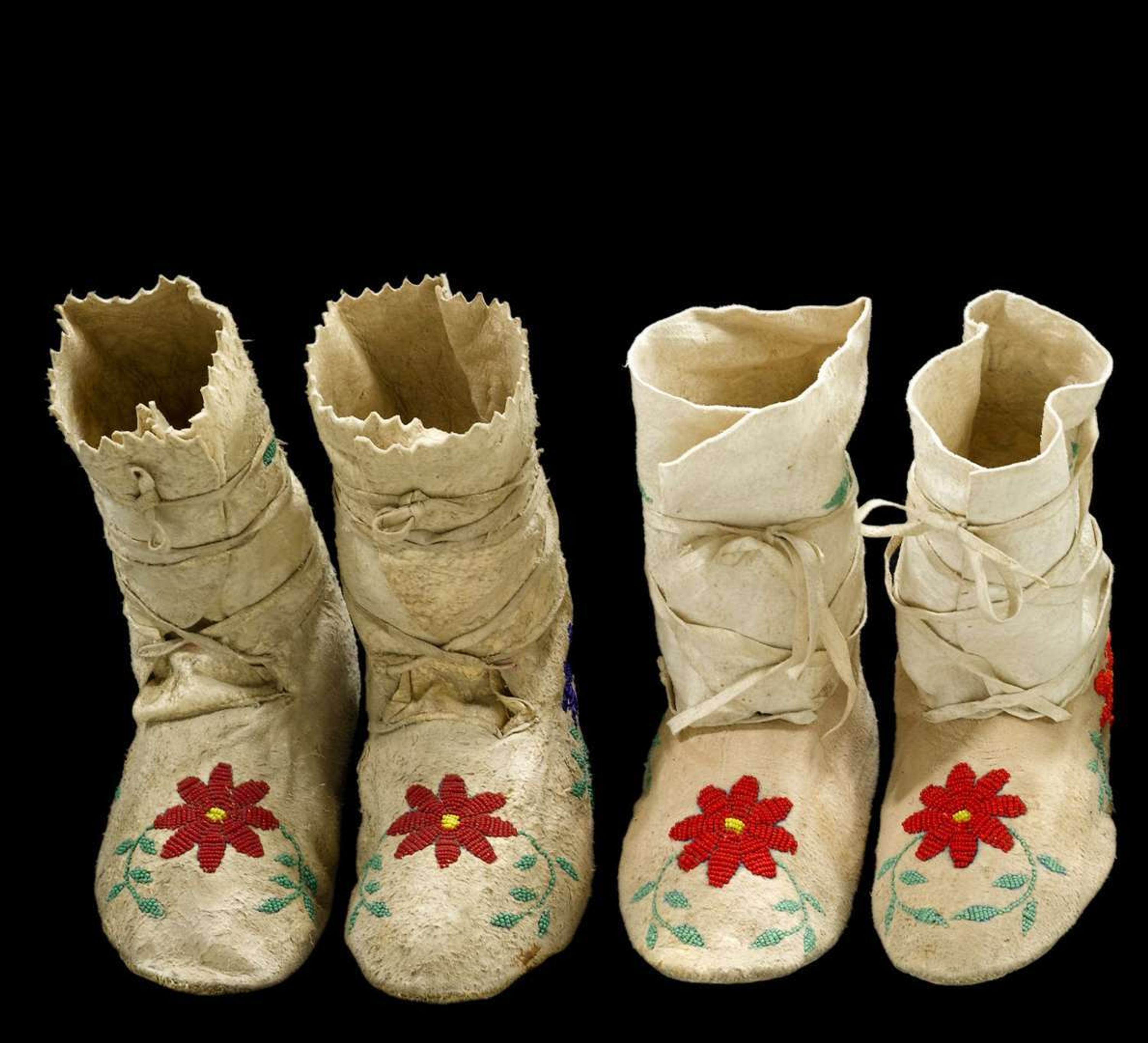 Four pairs of Plains beaded hide moccasins fort yates, north dakota, circa 1950