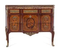 A Louis XV/XVI Transitional Style Gilt Bronze Mounted Sans Traverse Marquetry and Marble-Top Commode