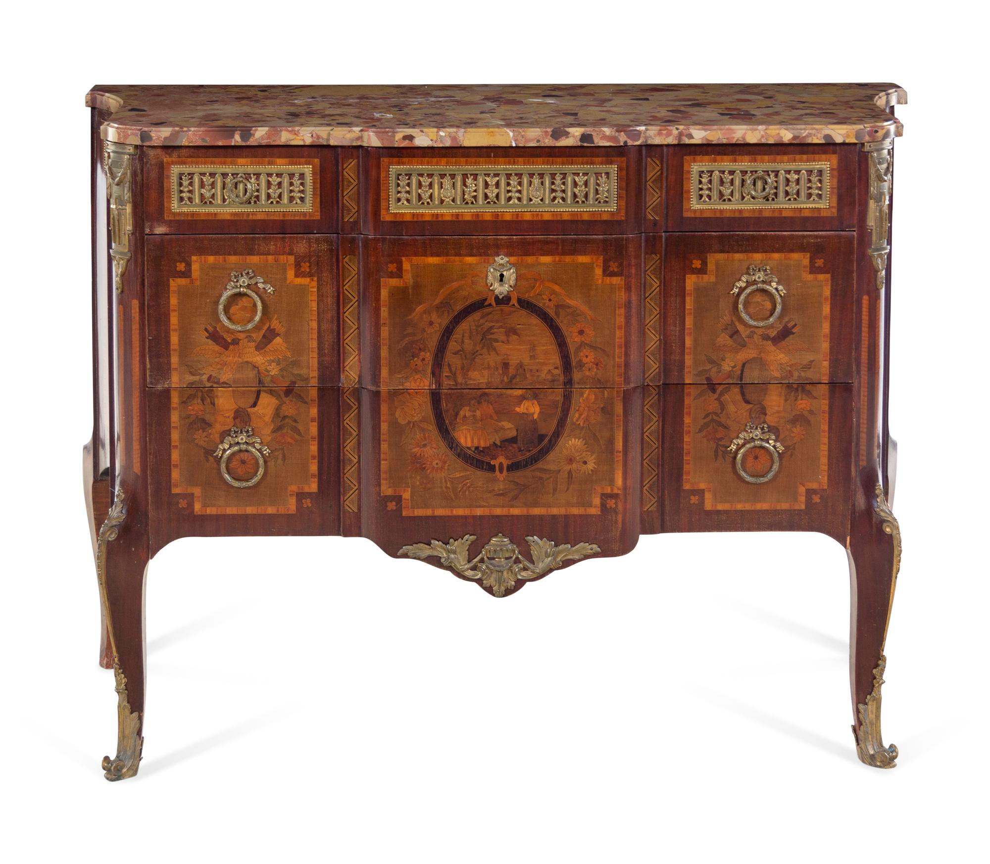 A Louis XV/XVI Transitional Style Gilt Bronze Mounted Sans Traverse Marquetry and Marble-Top Commode