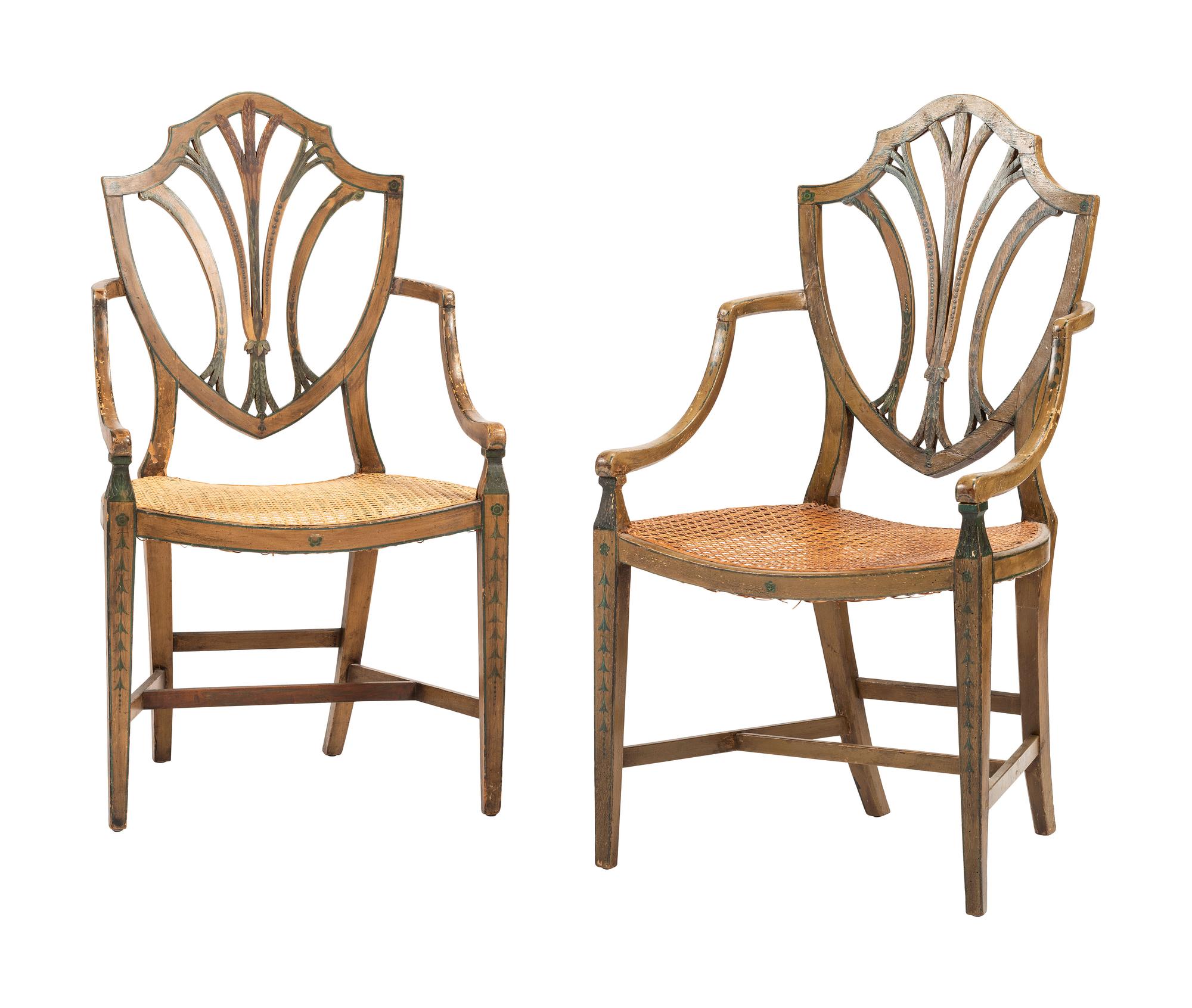 A Pair of George III-Style Polychrome-Painted Shield-Back Armchairs