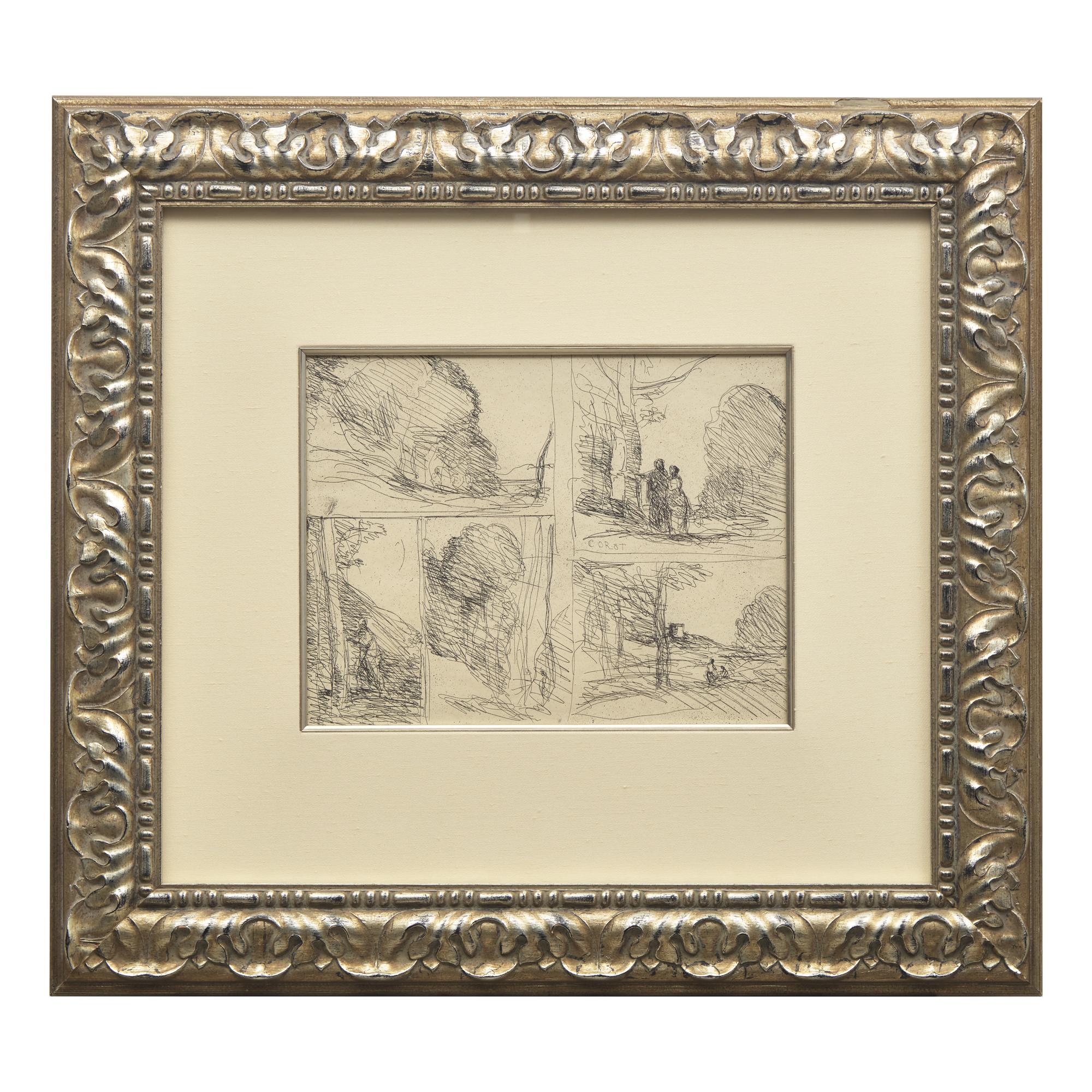 Jean-Baptiste Camille Corot (French, 1796–1875) — Le Jardin de Périclès; Le Grand Bucheron, L'Allée des Peintres, la Tour d'Henri VIII, Griffonnage , 1922