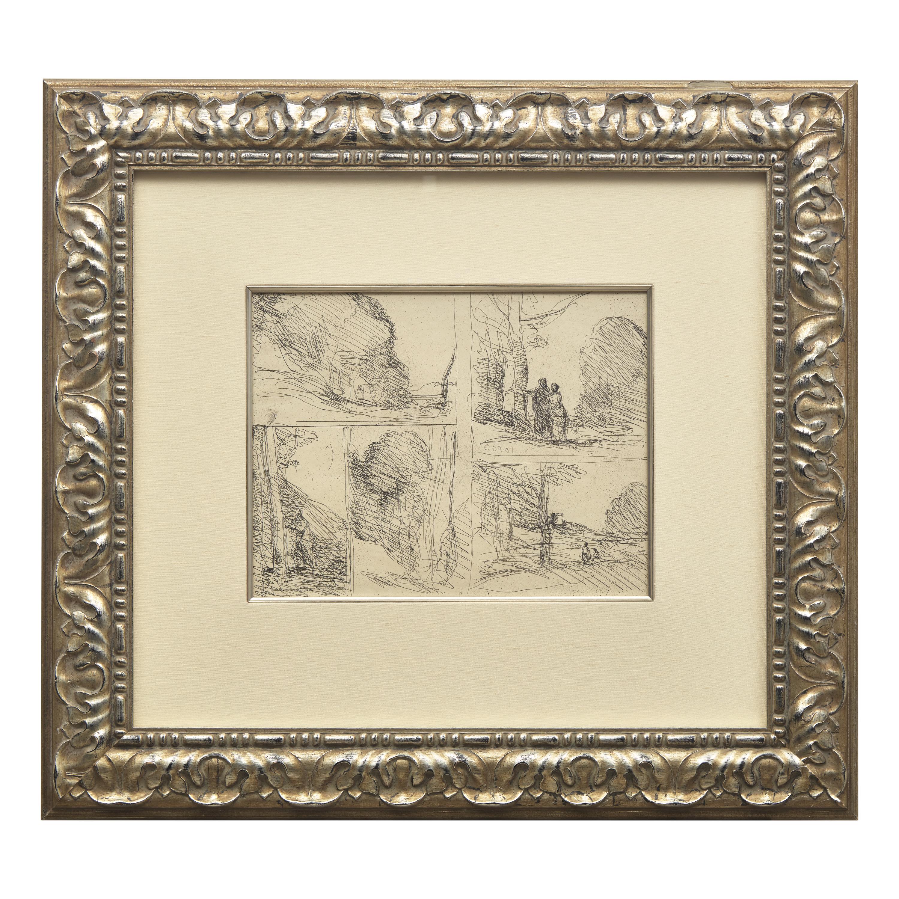 Jean-Baptiste Camille Corot (French, 1796–1875) — Le Jardin de Périclès; Le Grand Bucheron, L'Allée des Peintres, la Tour d'Henri VIII, Griffonnage , 1922