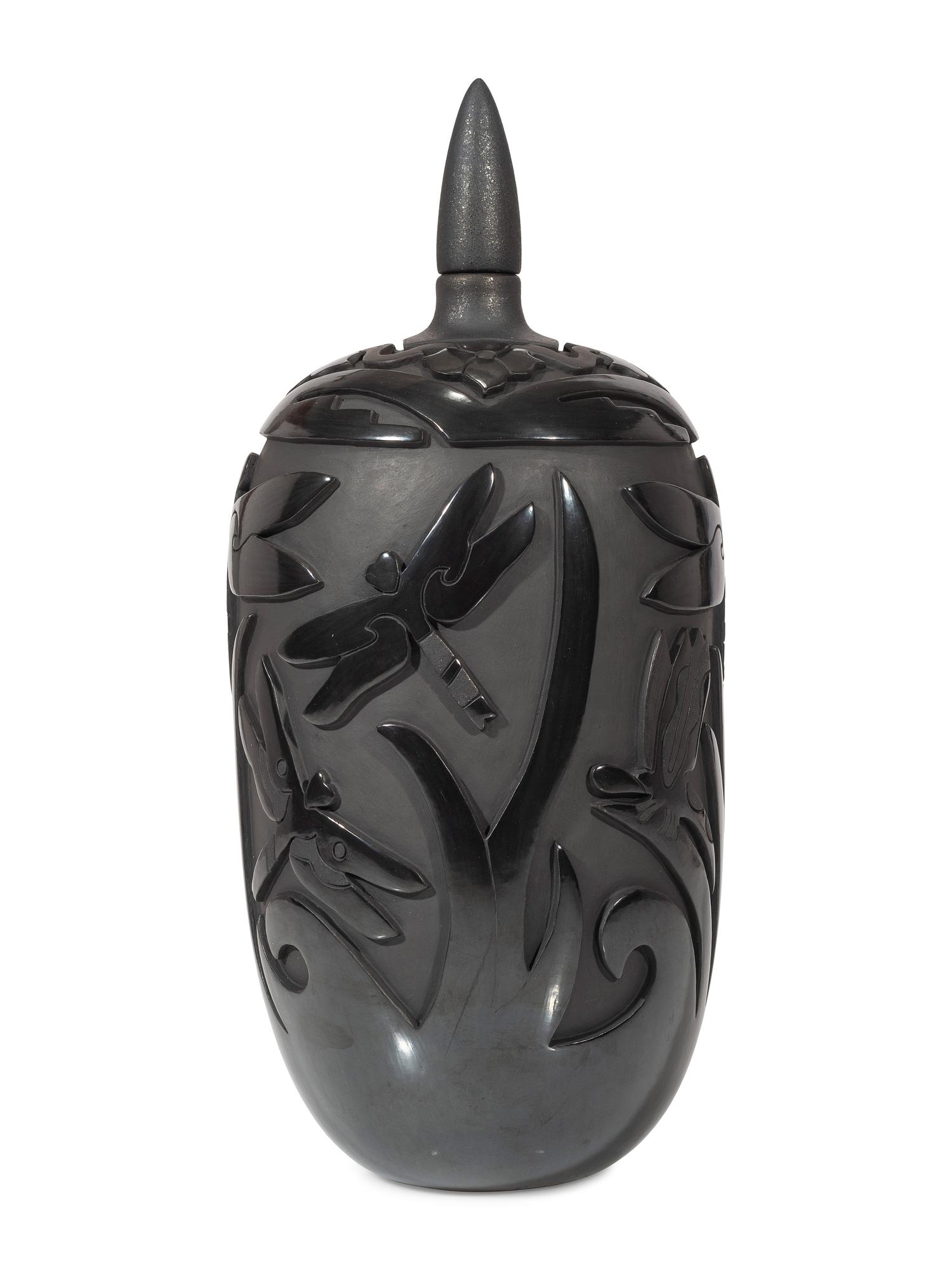 Carved Blackware Pottery Vase, with Dragonflies