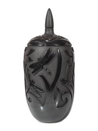 Carved Blackware Pottery Vase, with Dragonflies
