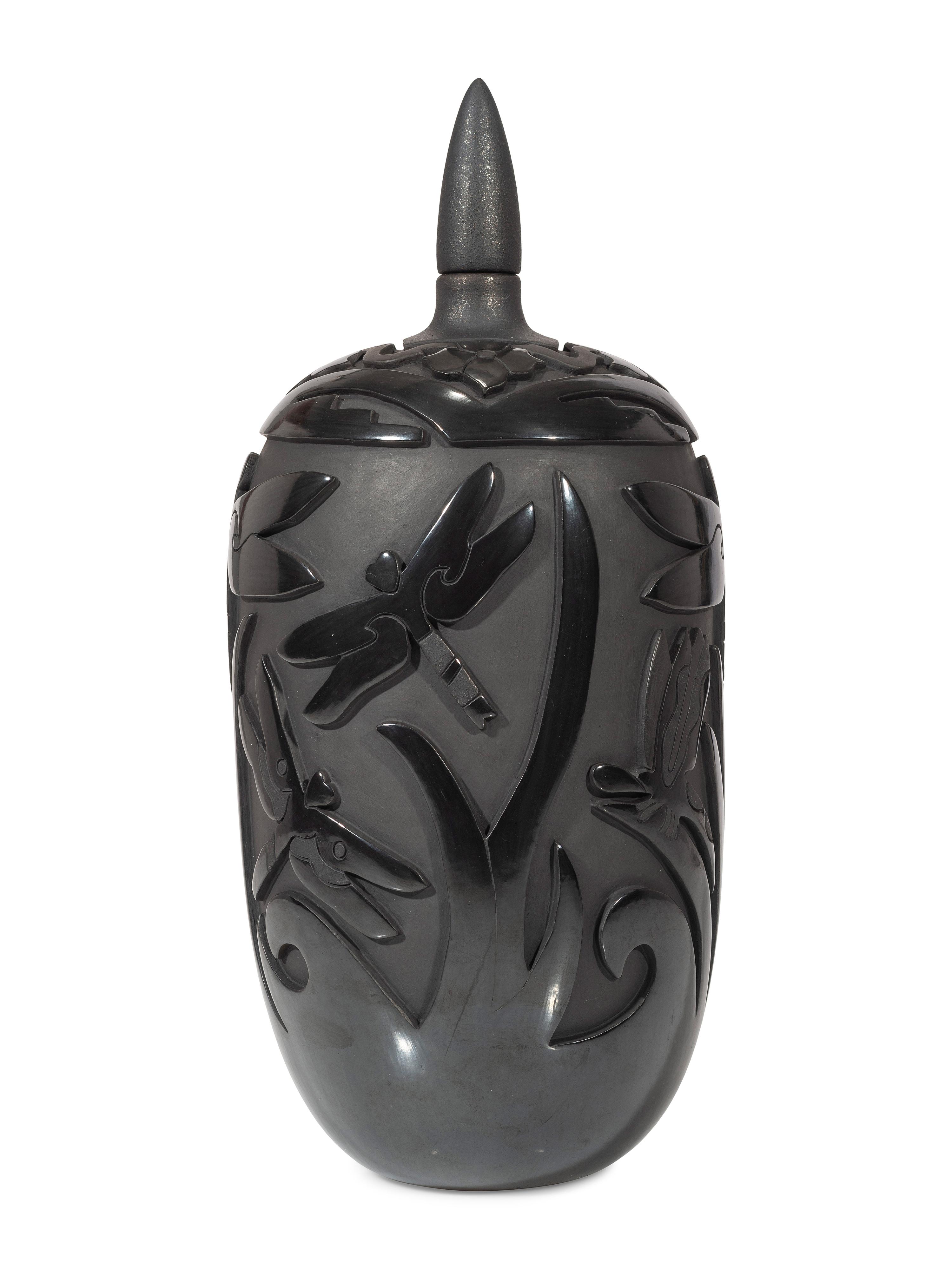 Carved Blackware Pottery Vase, with Dragonflies