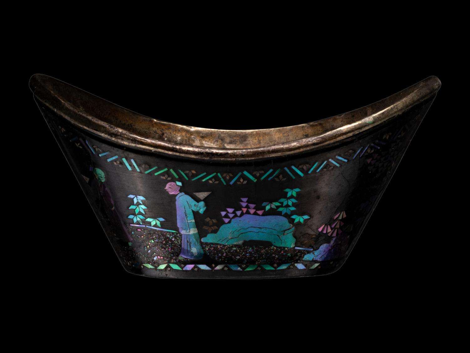 A Set of Six Mother-of-Pearl Inlaid Black Lacquer Ingot-Form Cups