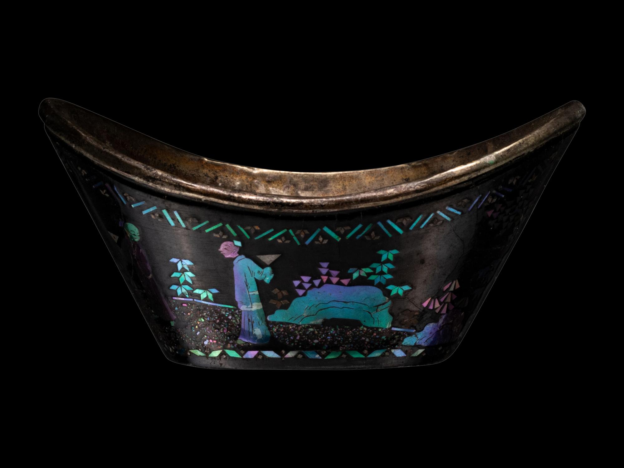 A Set of Six Mother-of-Pearl Inlaid Black Lacquer Ingot-Form Cups