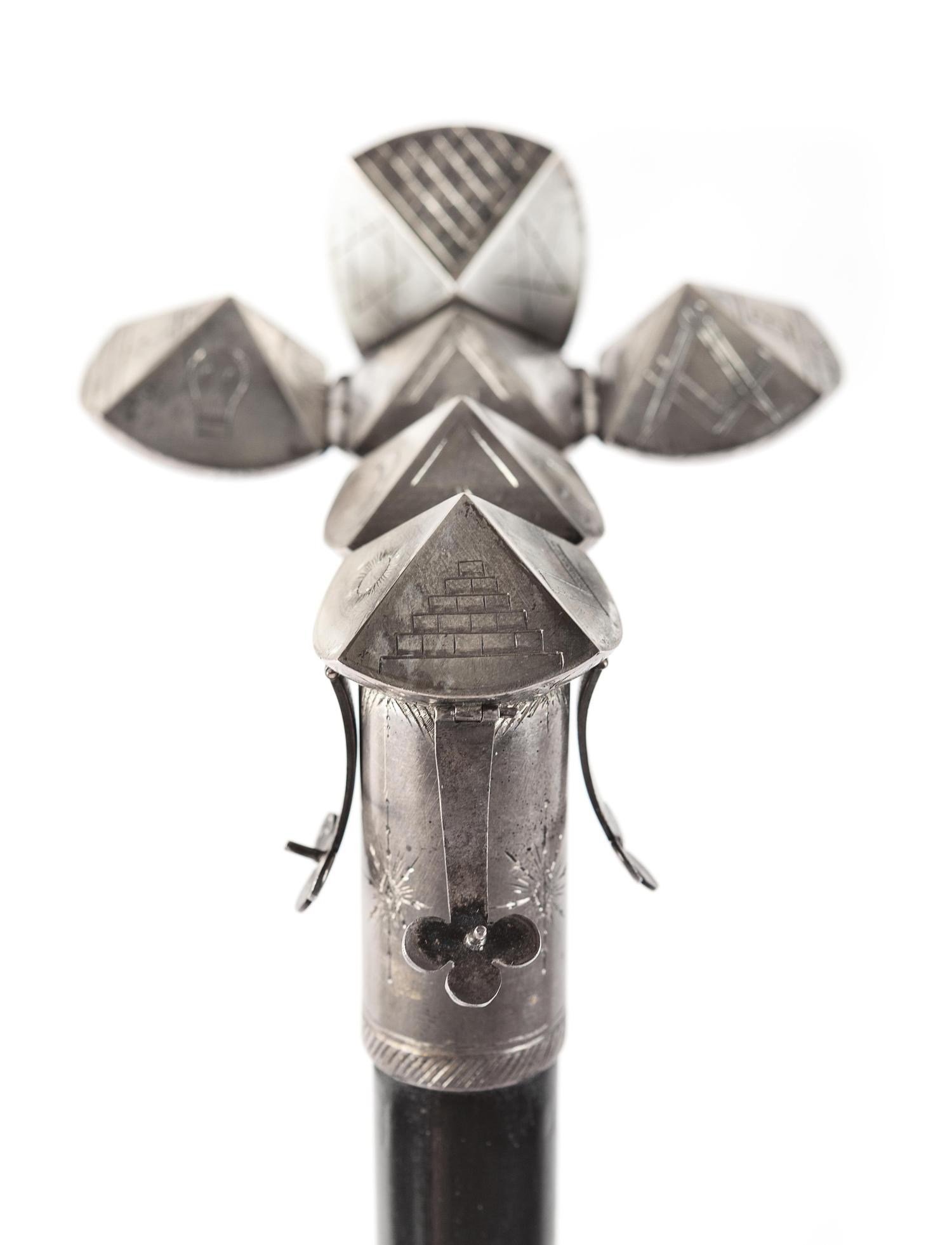 An English Silver-Plate Mounted and Ebonized Masonic Orb System Walking Stick