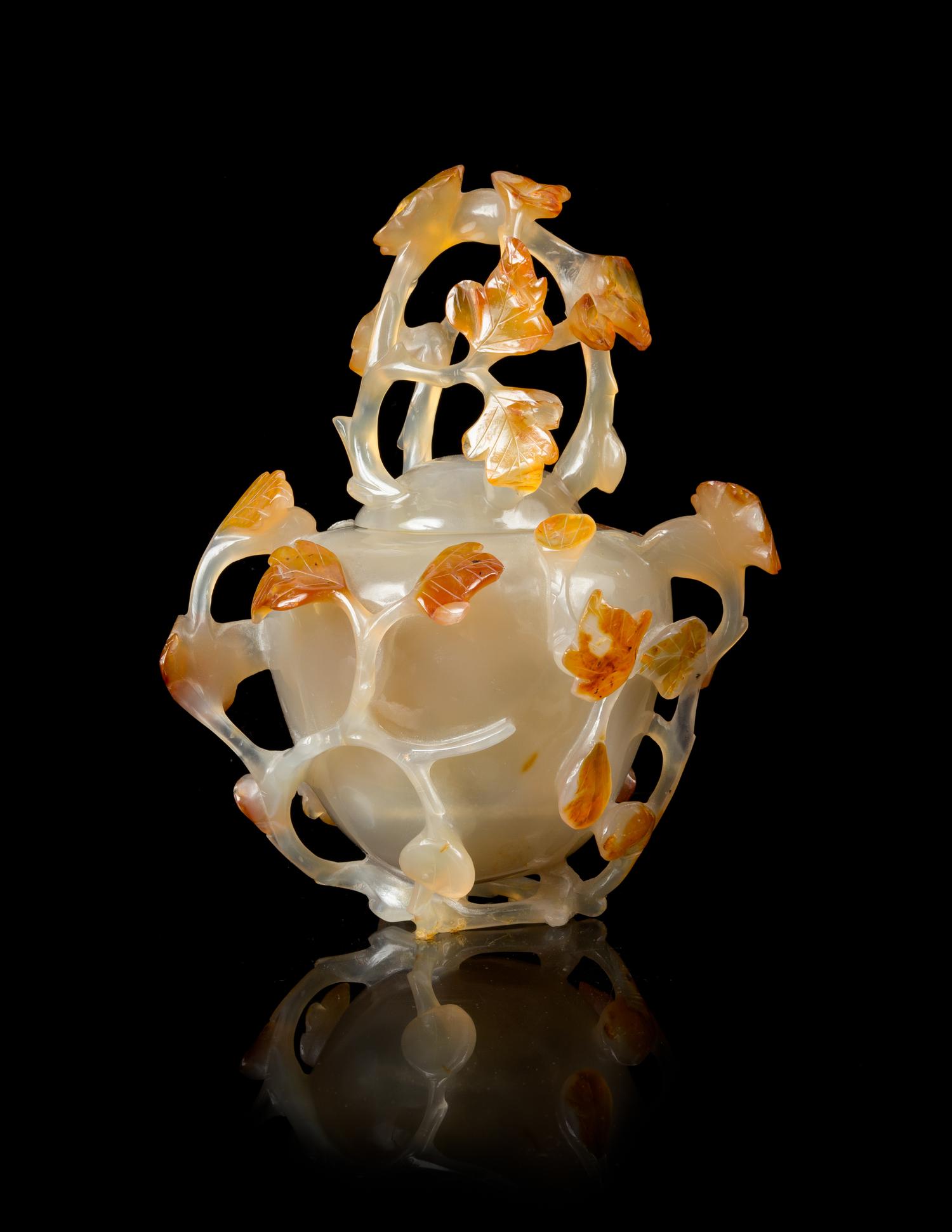 A Carved Agate Vessel and Cover Height 7 1/4 inches.