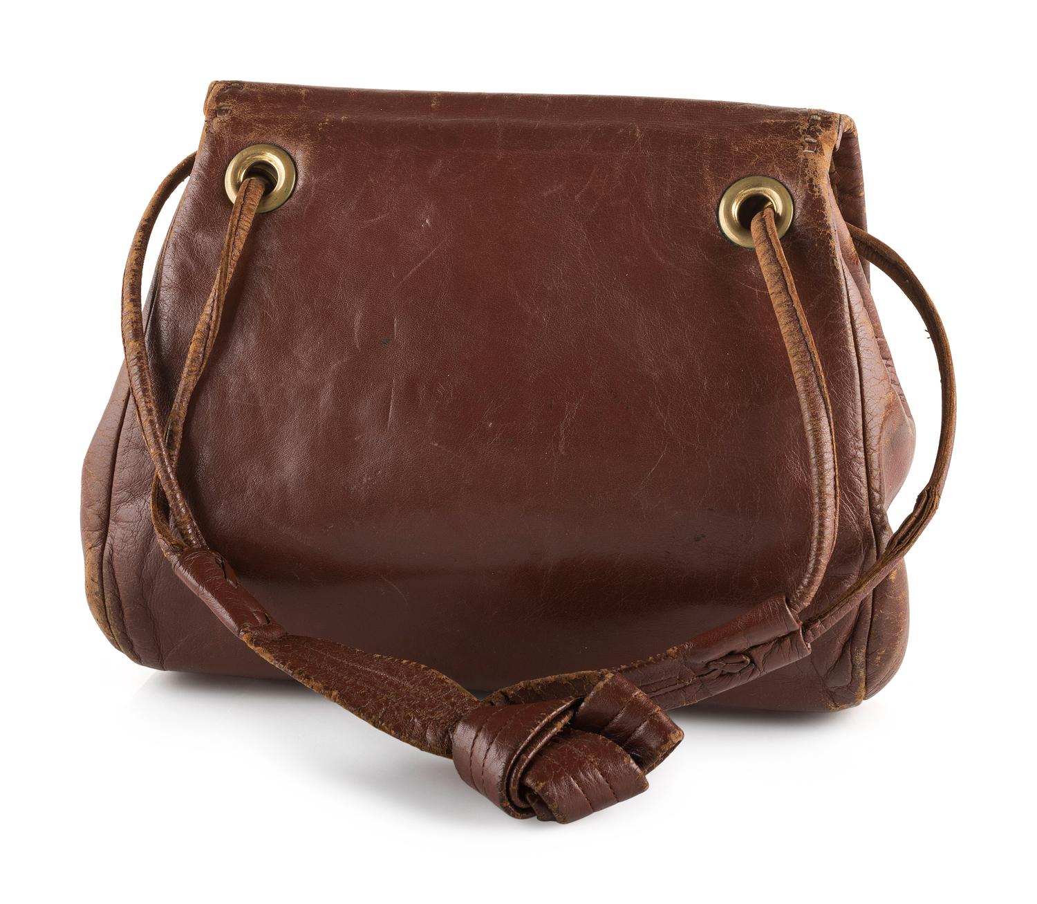 Brown Leather Drawstring Purse, with Brass Thunderbird Decoration