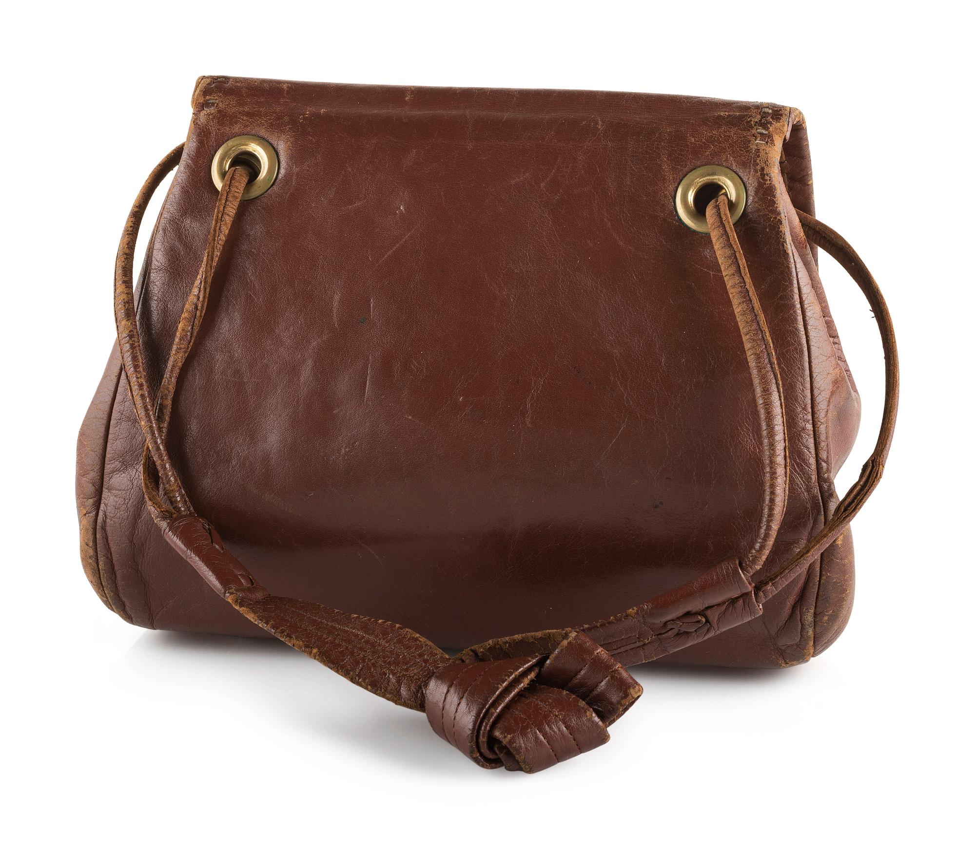 Brown Leather Drawstring Purse, with Brass Thunderbird Decoration