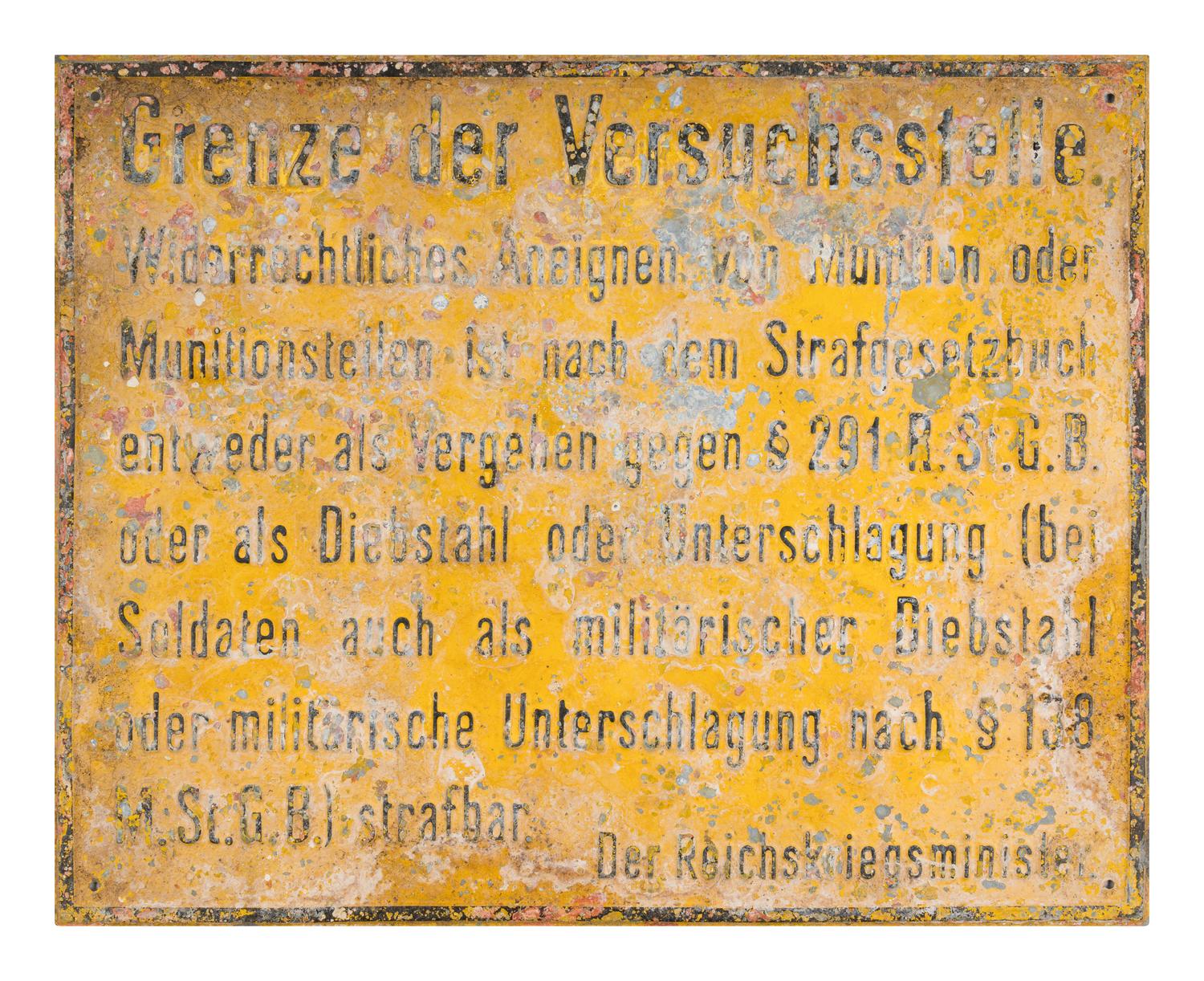 [PEENEMÜNDE ARMY RESEARCH CENTER]. Sign from the Peenemünde Army Research Center. c. 1937.