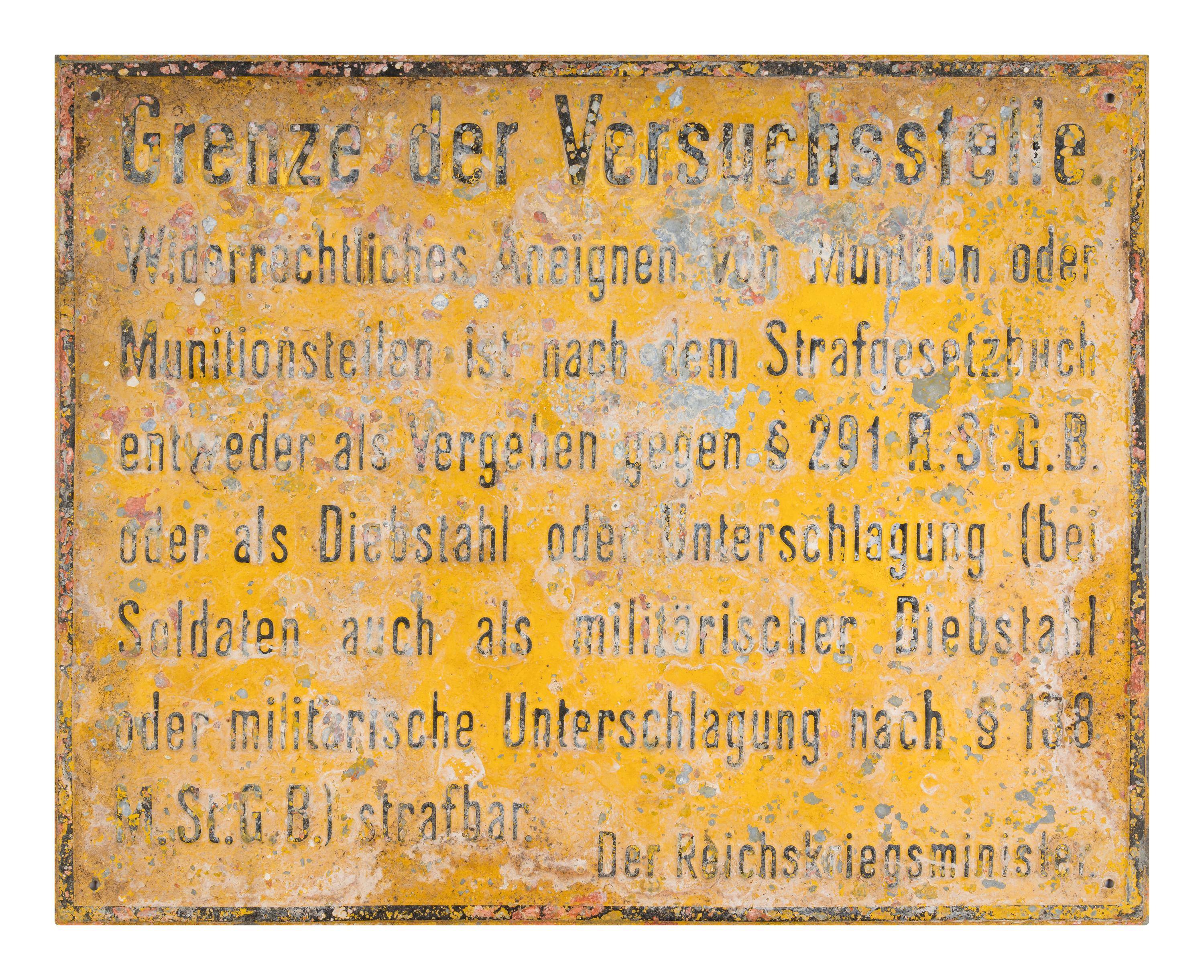 [PEENEMÜNDE ARMY RESEARCH CENTER]. Sign from the Peenemünde Army Research Center. c. 1937.