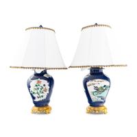 A Pair of Chinese Powder Blue Ground Famille Verte Porcelain Covered Jars