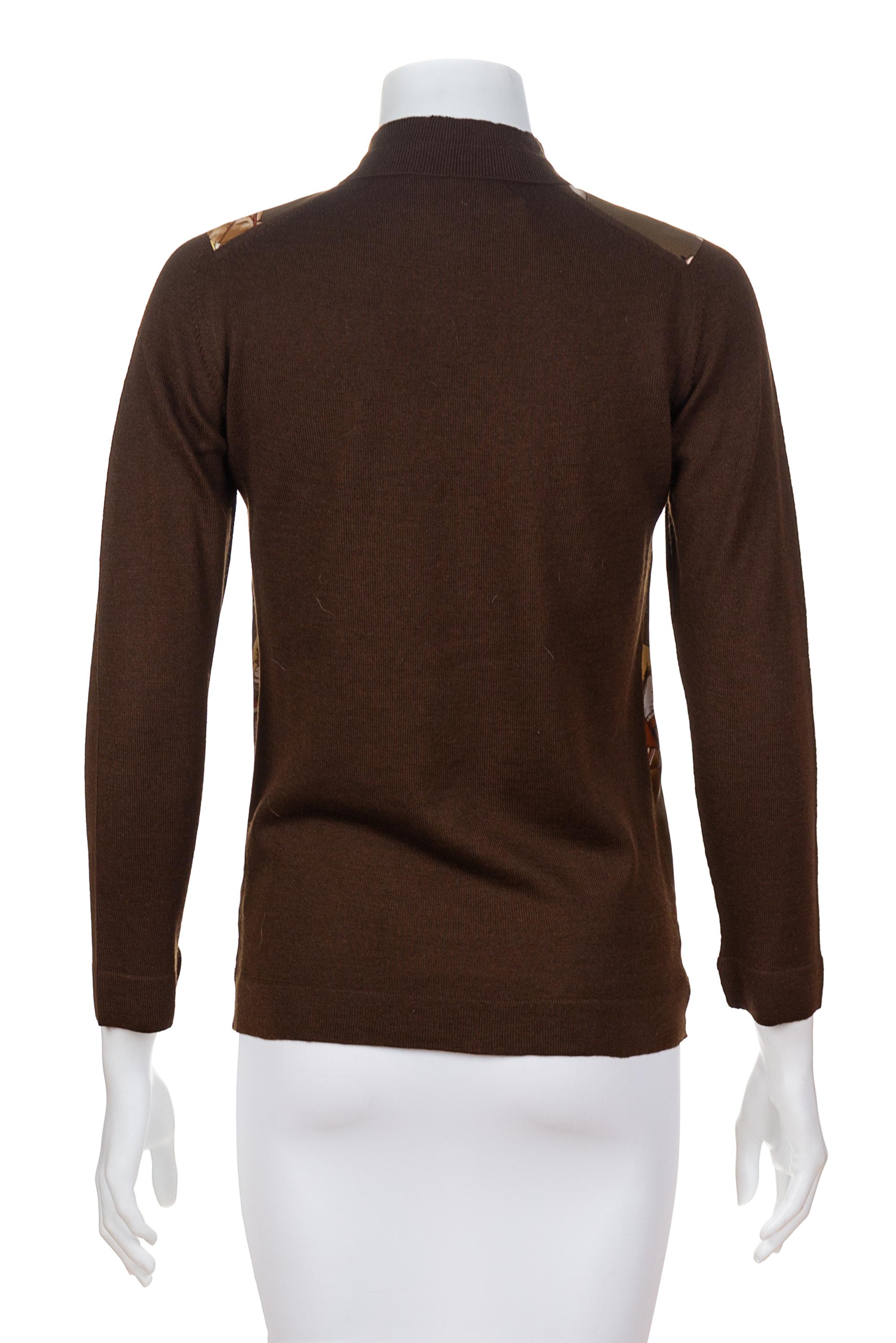 An Hermès Dark Brown Wool Sweater with Silk Front, Size 40.