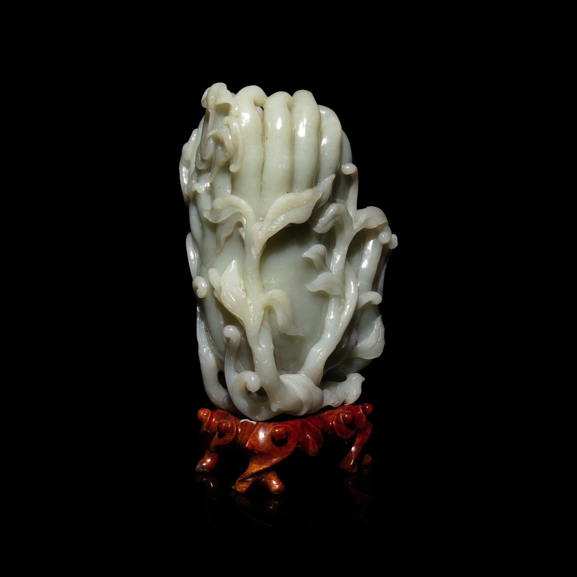 A Chinese Celadon Jade Buddha's Hand Citrus Brushpot, Bitong, 20th Century — 近代 青玉佛手式筆筒