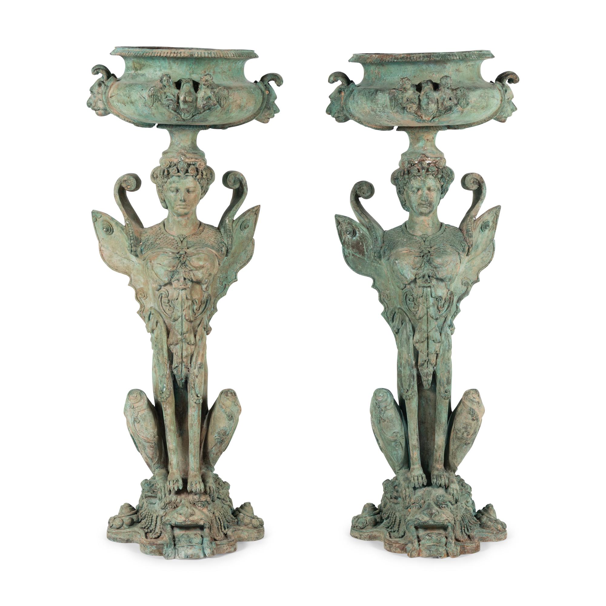 A Pair of Neoclassical Style Patinated Bronze Figural Jardinières