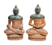 A Pair of Bronze and Carved Wood Seated Buddhas
