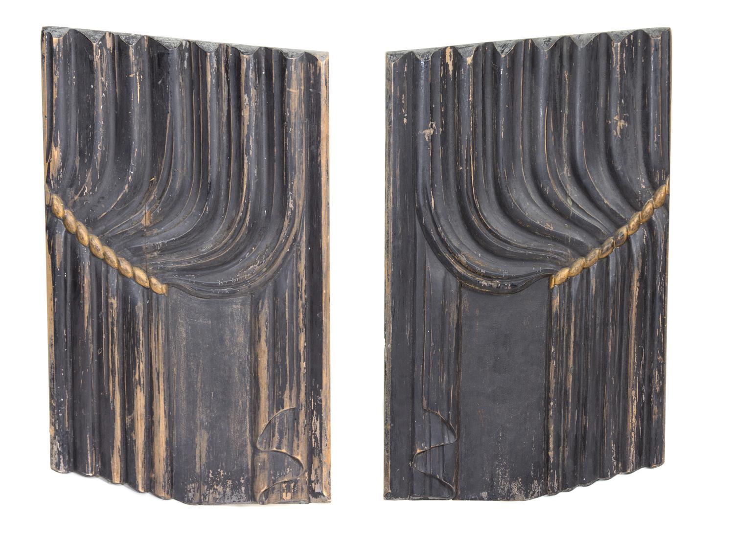 A Pair of English Painted and Parcel Gilt Ebonized Shaped Door Panels Each panel 31 1/2 x 18 1/2 inches. — 19TH CENTURY
