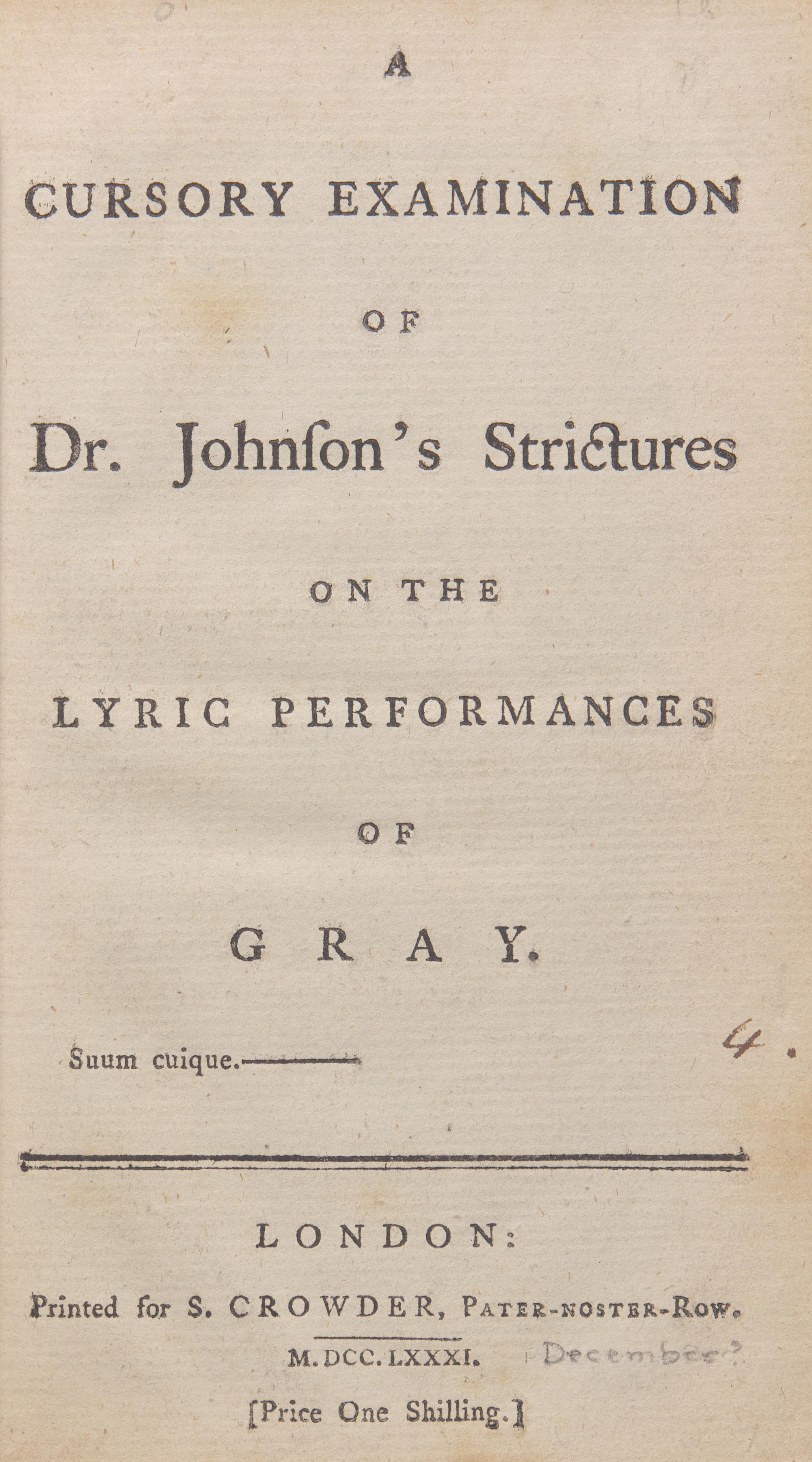 [Literature] [Johnson, Samuel] A Cursory Examination of Dr. Johnson's Strictures on the Lyric Performances of Gray