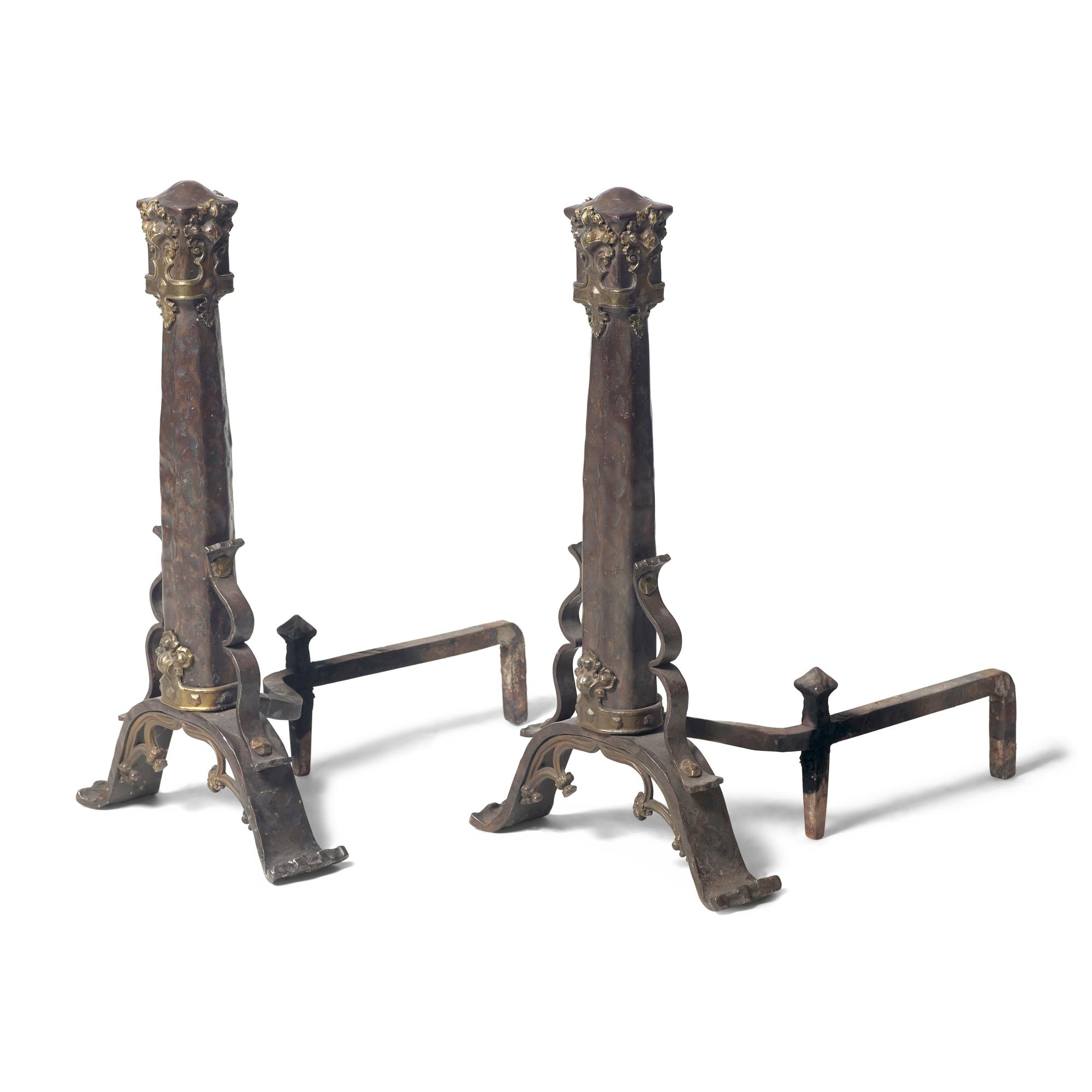A Pair of Gothic Revival Iron and Bronze Andirons